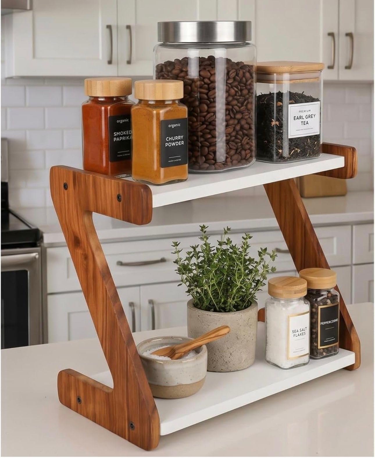 Luxenwood Wooden Spice Rack Organizer  2 Tier Kitchen Counter Organizer Stand | White Shelves Storage Rack For Spices, Condimen