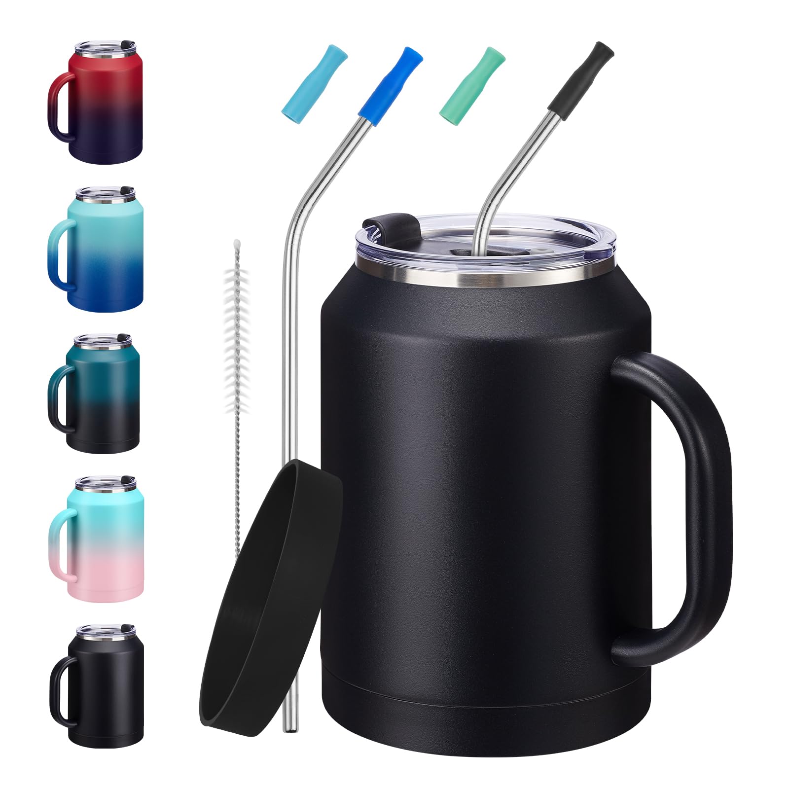 Insulated Coffee Mug 50 Oz Tumbler With Handle  Metal Straws, Wide Mouth LeakProof BpaFree Stainless Steel Coffee Cup, Insula