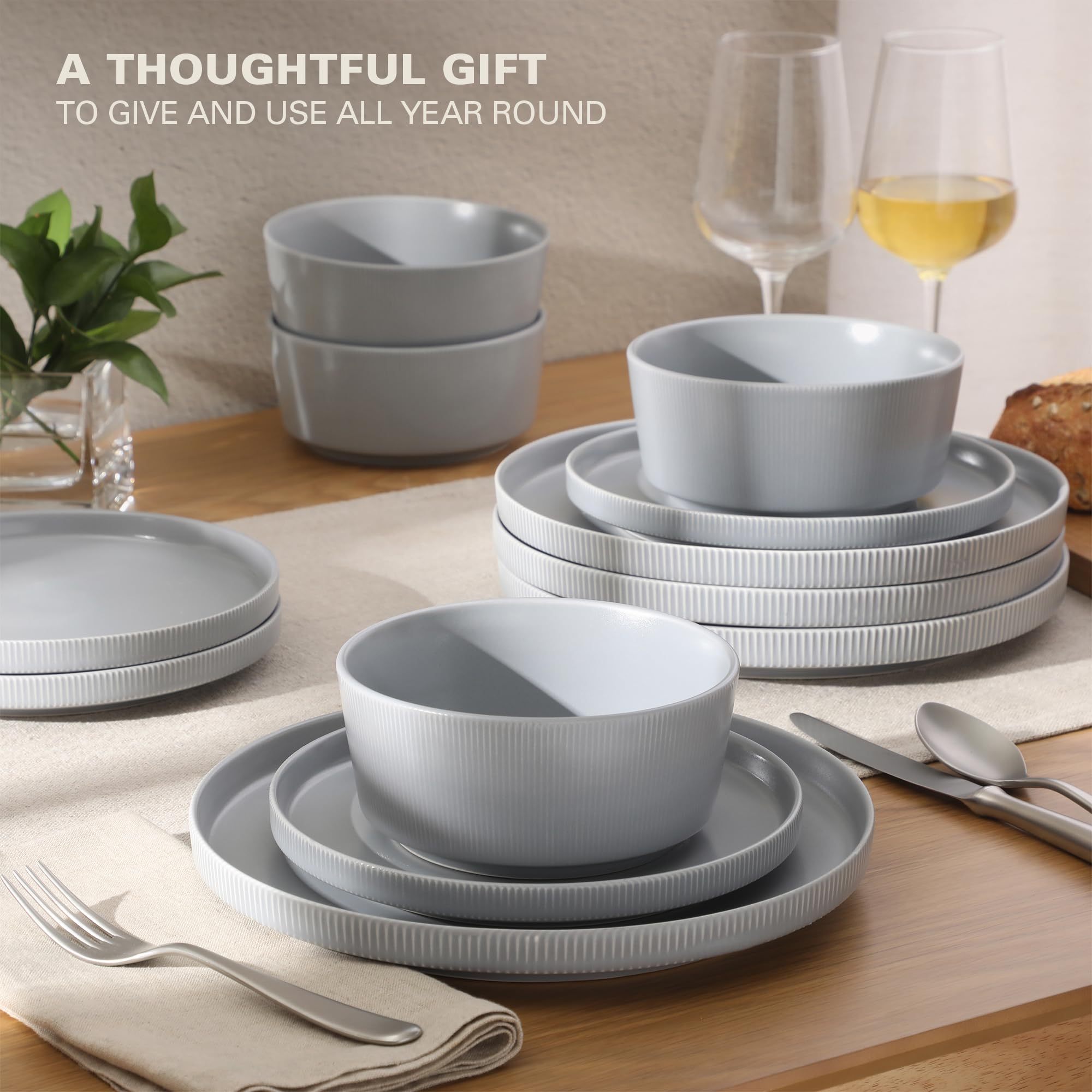 Gibson Home Dempsey Road 12-Piece Stoneware Dinnerware Set - Service for 4, Round Grey Plates and Bowls, Durable Solid Color Mod