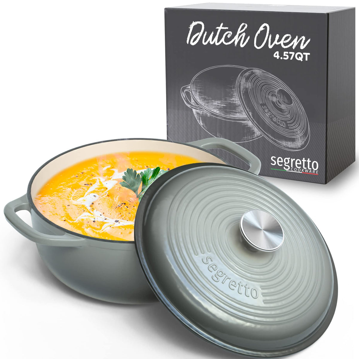 Segretto Cookware Enameled Cast Iron Dutch Oven Pot With Lid 4.57 Quarts, Grigio Scuro (Gradient Gray) Ceramic Dutch Oven Cast I