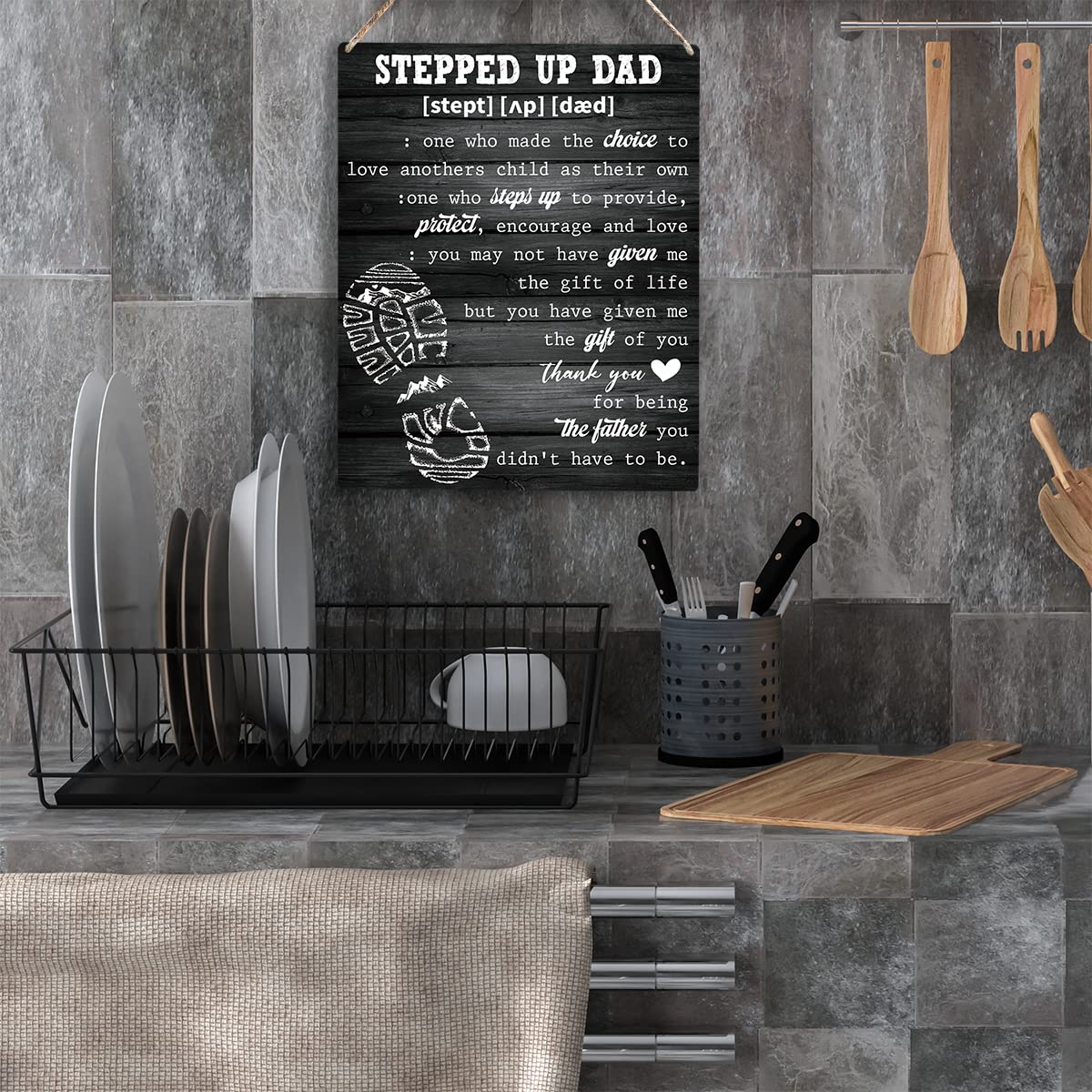 Stepped Up Dad Wooden Hanging Sign Happy Fathers Day Decor Best Gifts for Stepdad Meaningful Family Quote Stepdad Birthday Light
