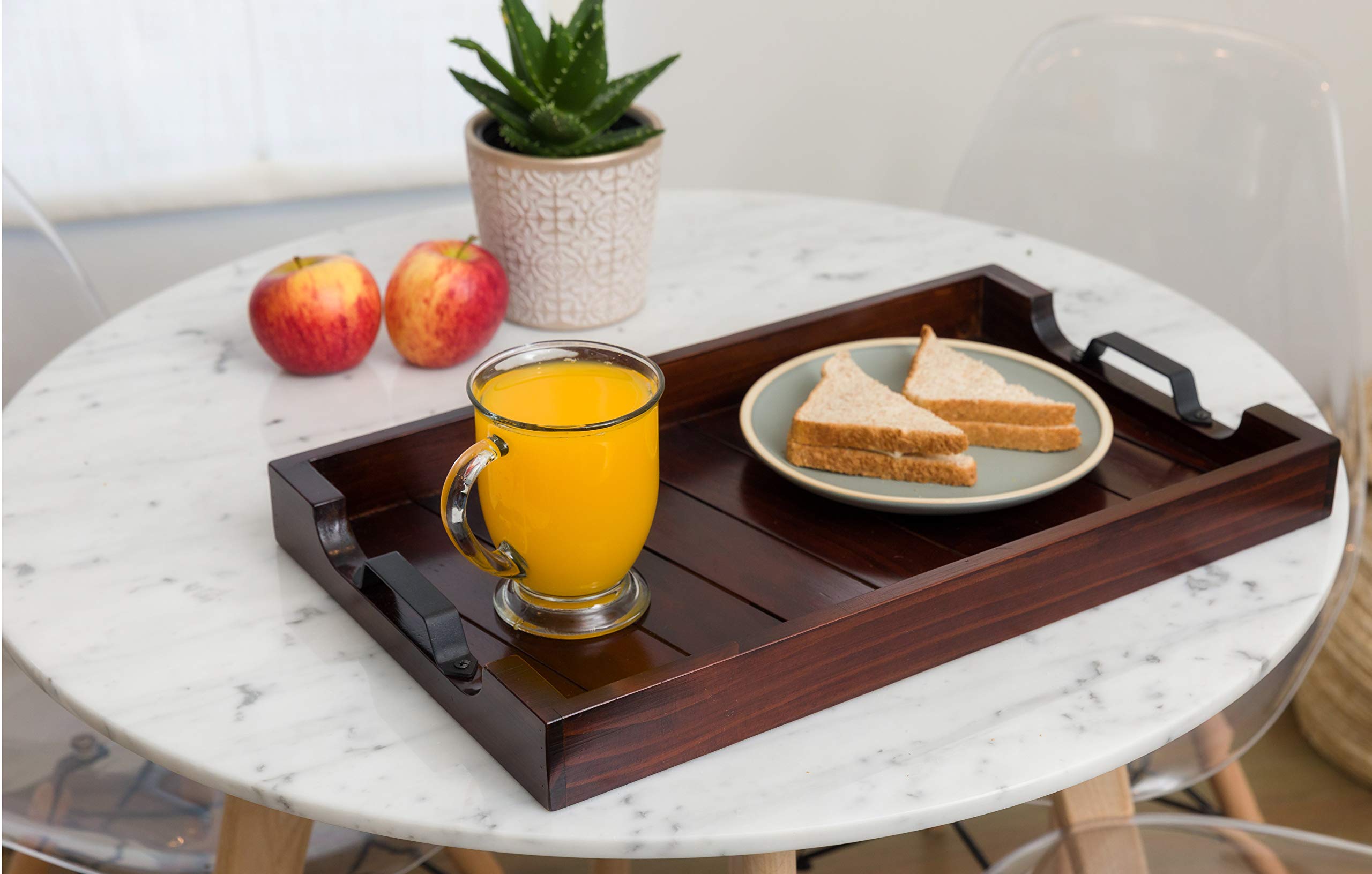 Bamboo Land- Large Wooden Serving Tray With Handle, 20    X 12, Dark Brown, Wooden Tray With Handles, Serving Tray With Handles,