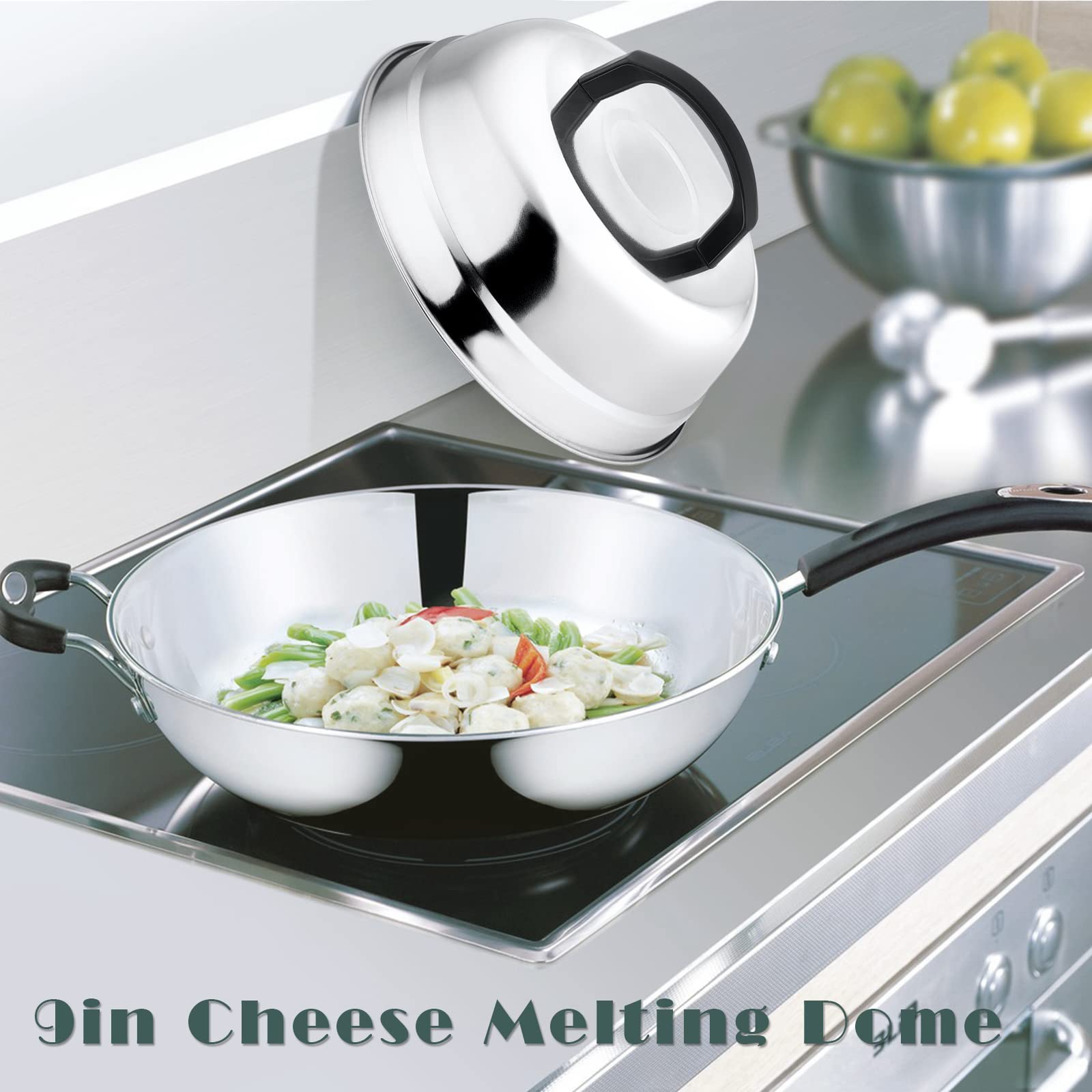 9In Cheese Melting Dome, Hasteel 4Pcs Stainless Steel Round Basting Cover, Lightweight Steam Cover Lid With Plastic Handle, Dura