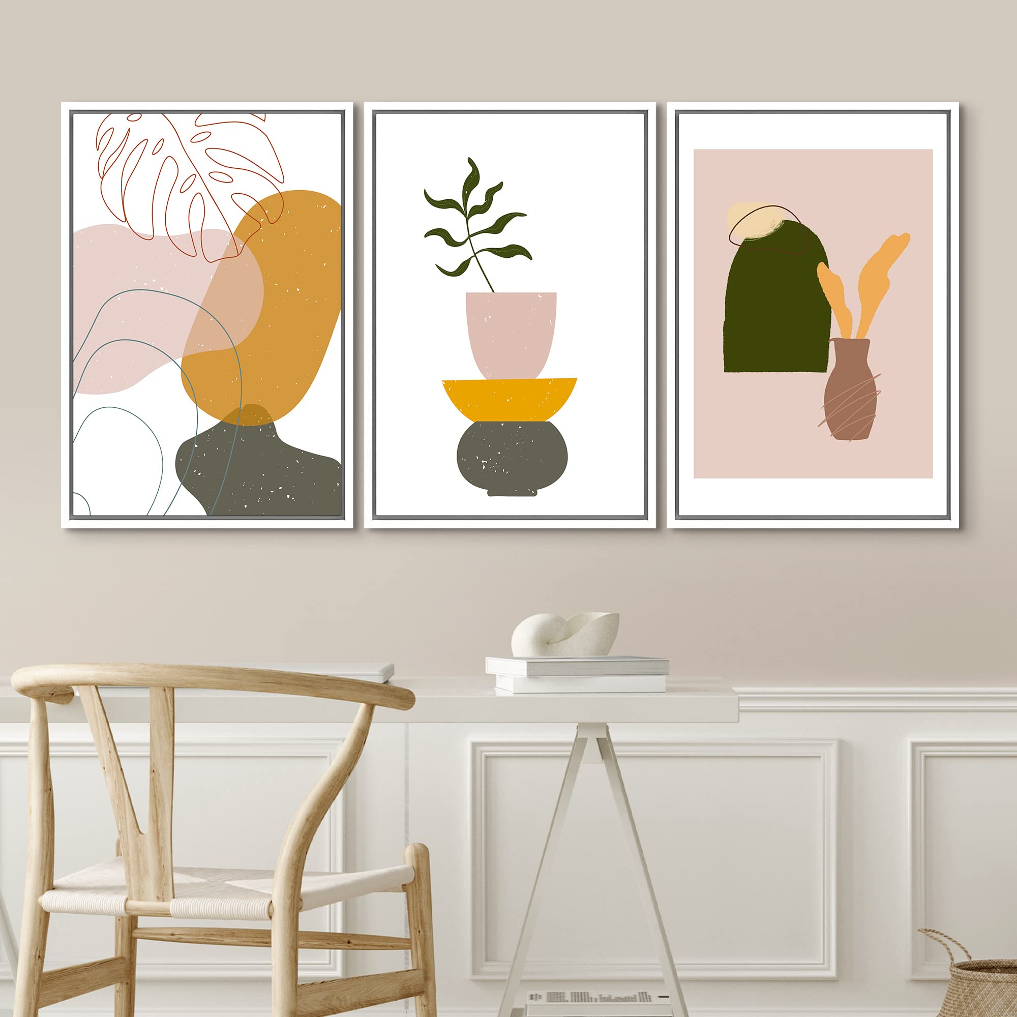 Idea4Wall Framed Wall Art Print Set Monstera Leaf Line Art With Potted Plants Geometric Flower Illustrations Modern Art Rustic C