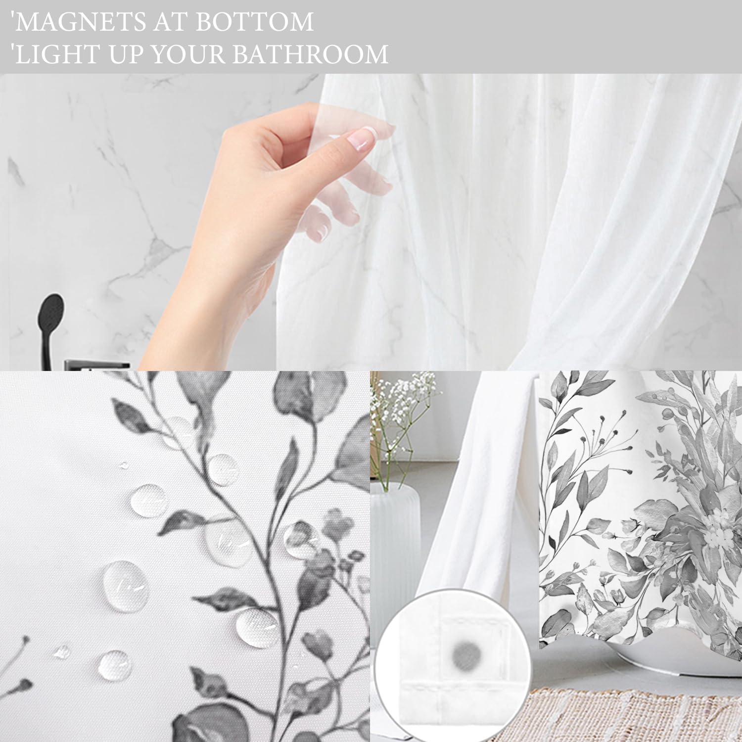 Tititex No Hooks Snap In Liner Grey Eucalyptus Leaves Shower Curtain Sets, Hotel Luxury Double Layers Waterproof Fabric & See-Th