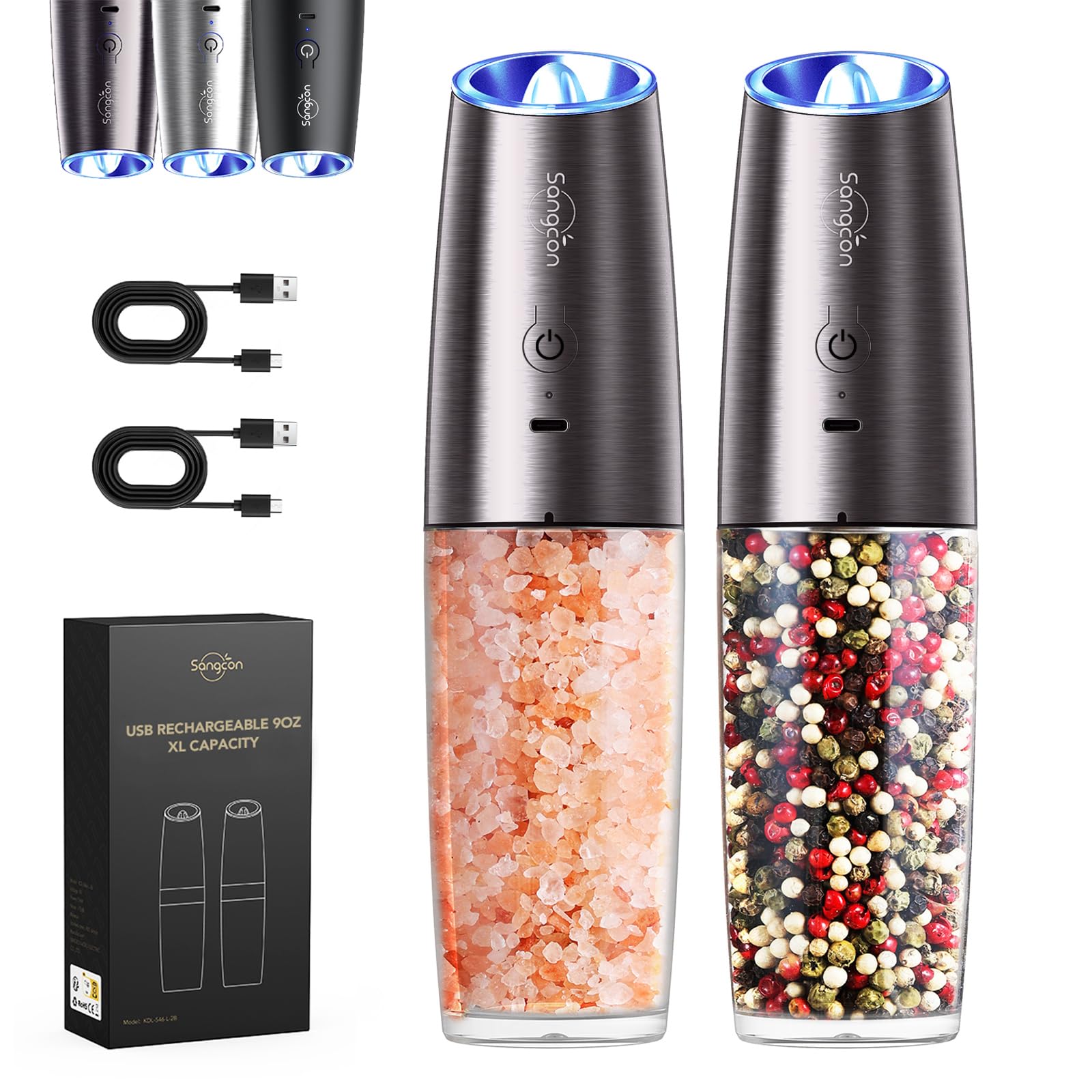 Sangcon Gravity Electric Salt And Pepper Grinder Set Shakers Rechargeable 9Oz Xl Capacity Usb-C No Battery Needed - Led Light On