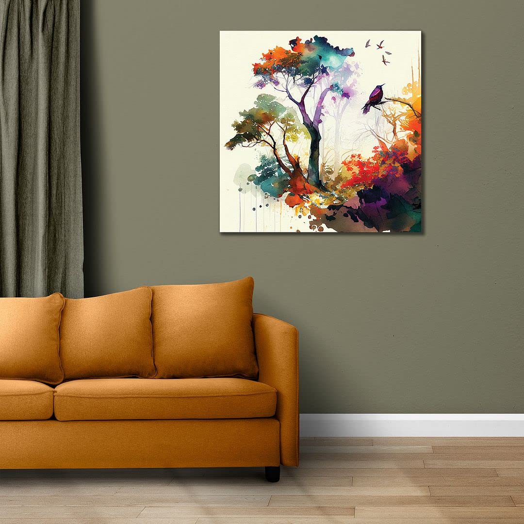 CVANU Floral Theme with Birds Printed Canvas Wall Painting with Wooden Frame for Decoration(24x24inch) 202305-137