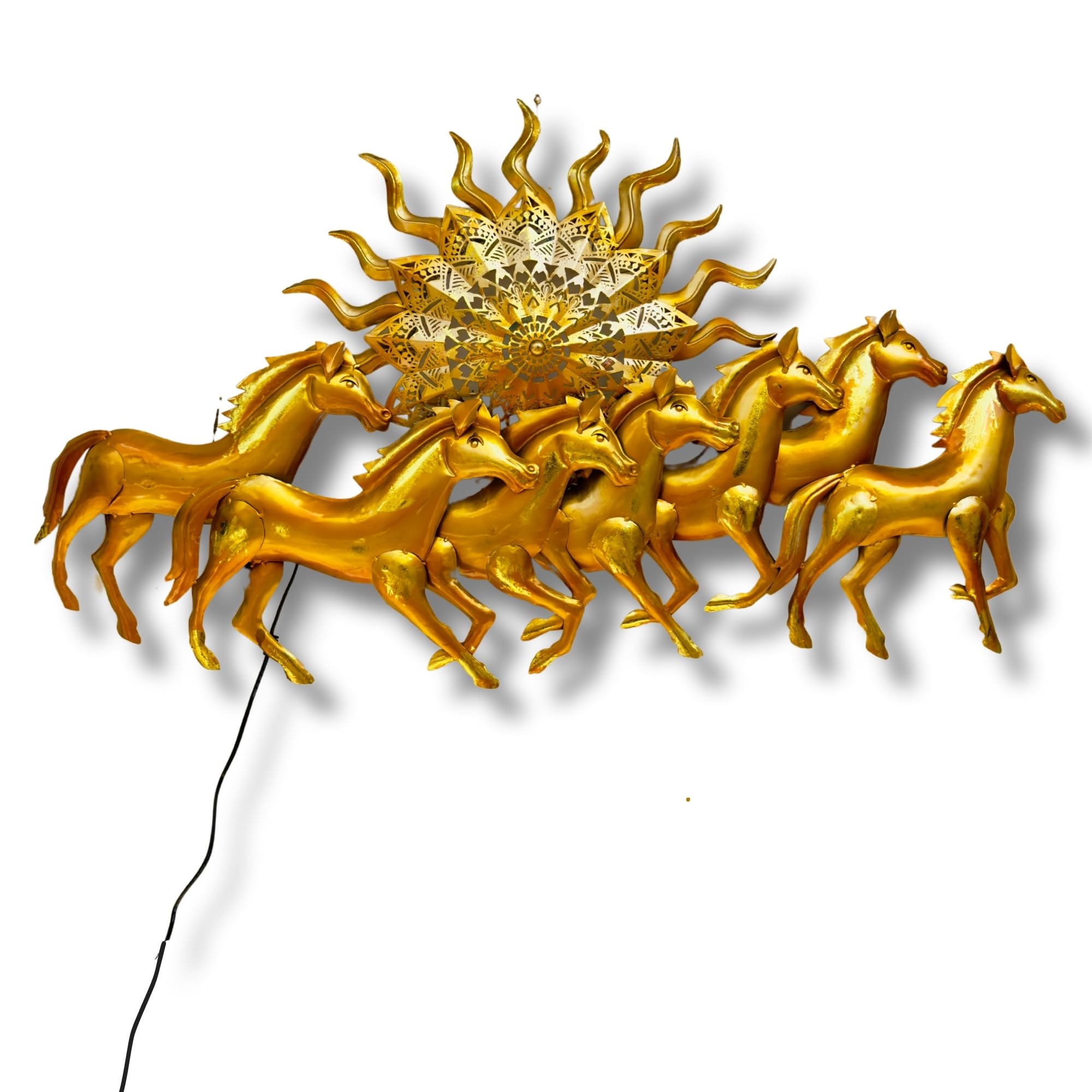 Rsn Golden 7 Running Horses With Sun - Metal Wall Decor, With Led Light For Living Room, Drawing Room, And Office Decor-Size-50X