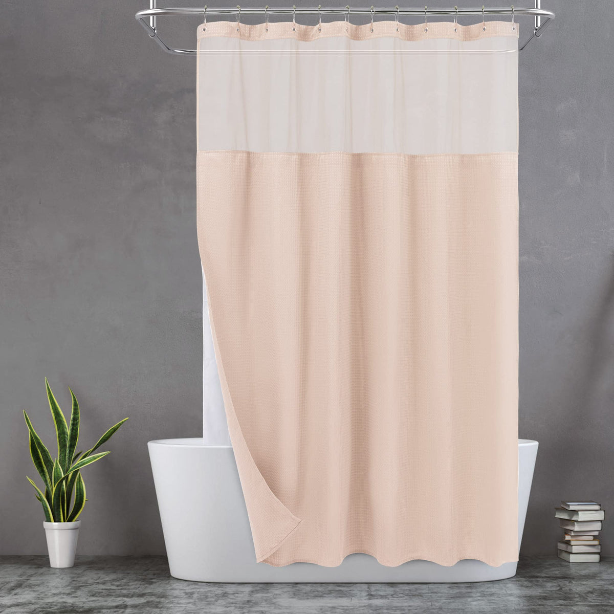 N&Y Home Waffle Weave Pink Shower Curtain With Snap-In Fabric Liner & 12 Metal Hooks Set - Hotel Style, Waterproof & Washable, H