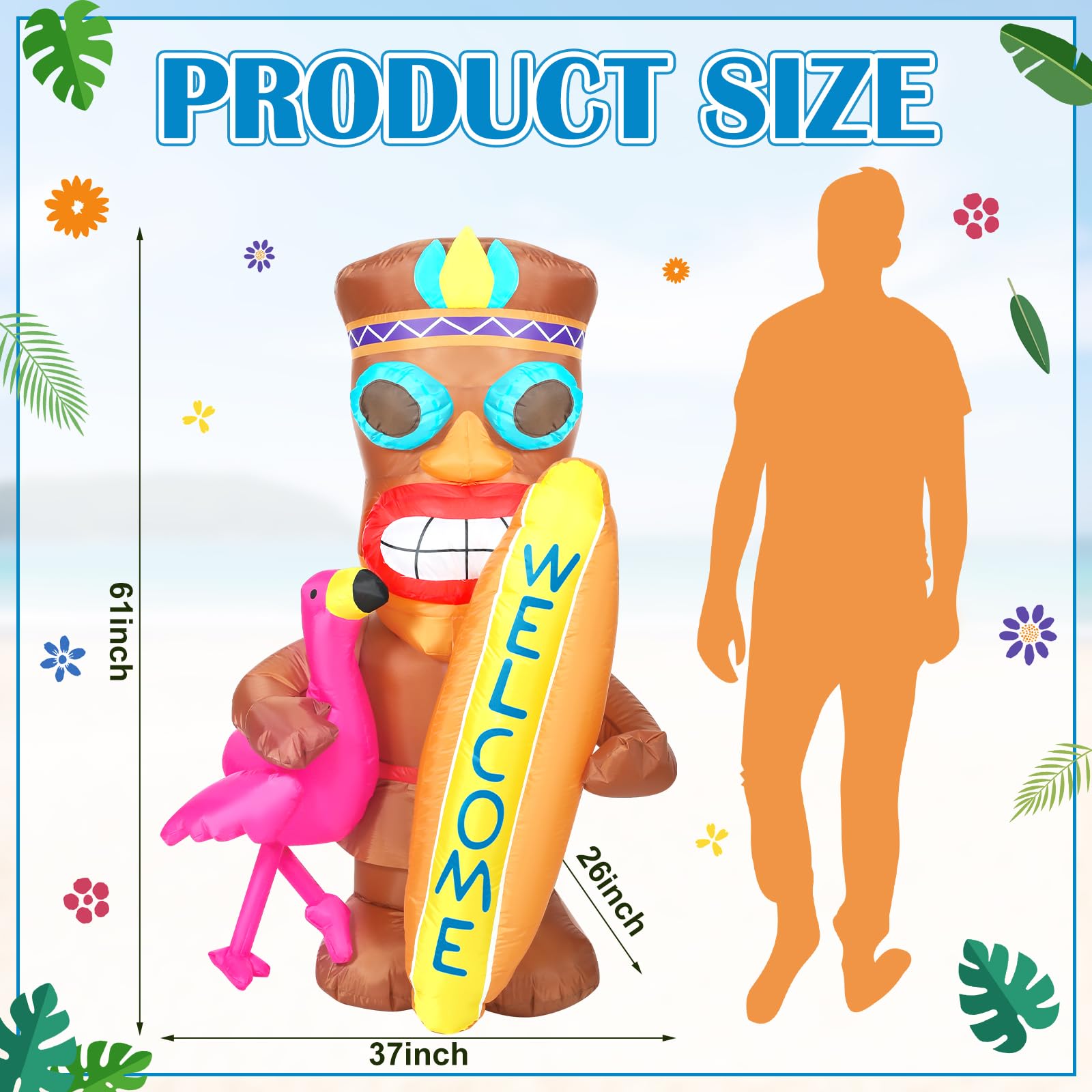 Shappy 5 ft Inflatable Tiki Flamingo Surfboard Luau Hawaiian Party Decorations Summer Inflatables Outdoor LED Lighted Tiki Blow
