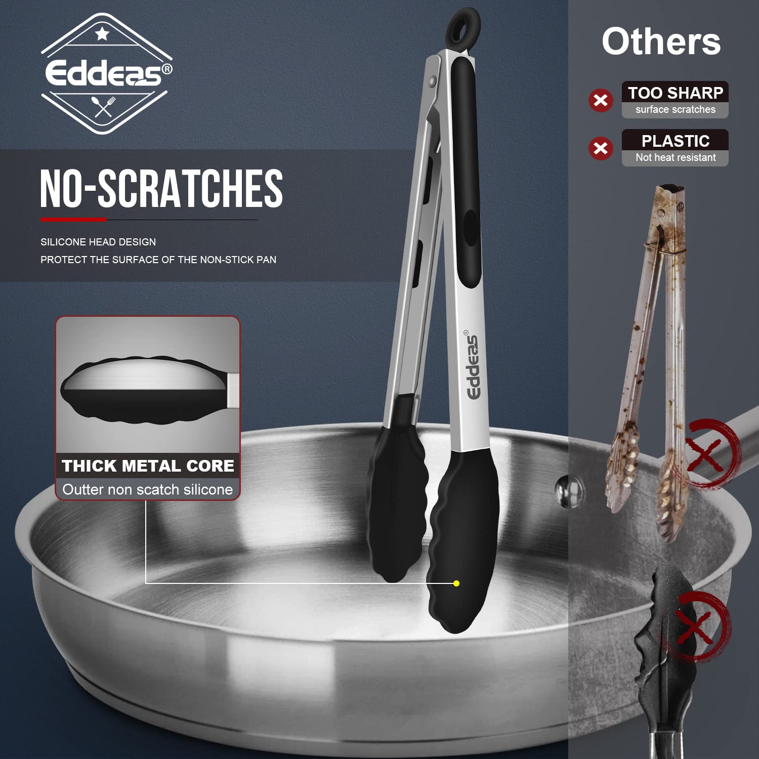 Eddeas Kitchen Tongs Set of 3 - Heat Resistant Silicone Tips, Stainless Steel, 7" 9" 12" - Black Non-Stick Cooking Tongs