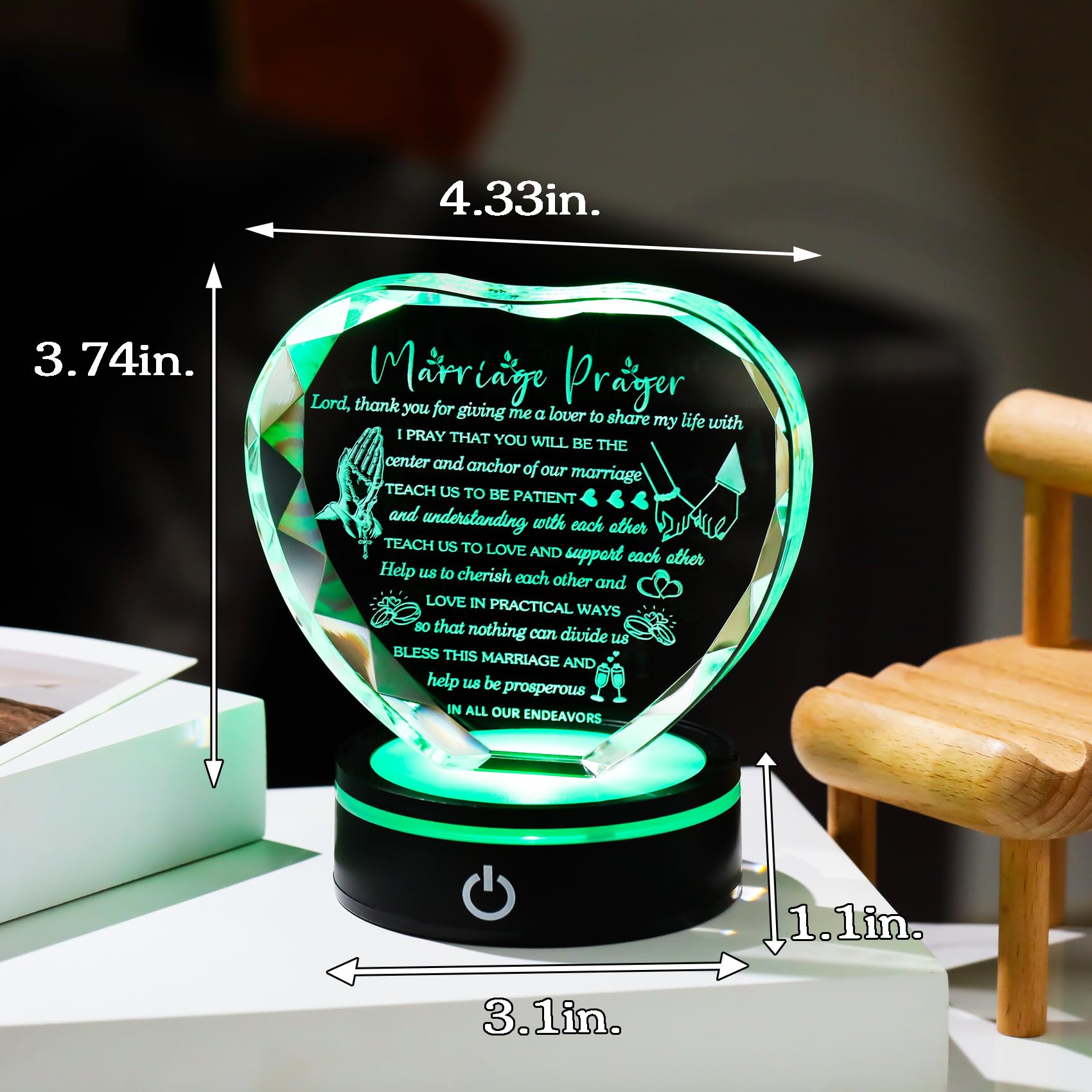 YWHL Wedding Gifts for Couples Crystal Heart Anniversary Marriage Prayer Plaque with Colorful LED Base Wedding Gift with Inspiri