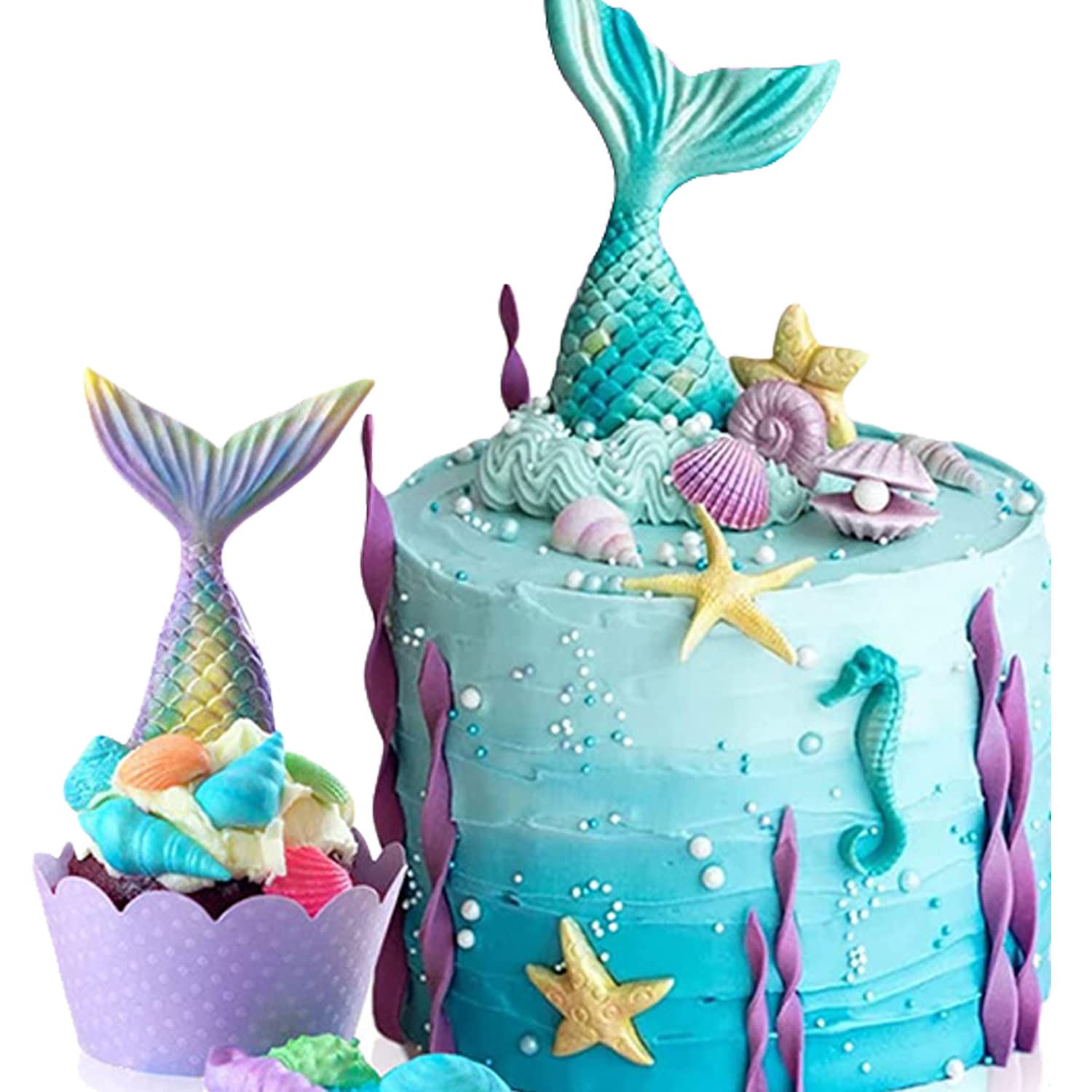 Sijiangmold Marine Theme Cake Fondant Molds Mermaid Tail Silicone Molds Seaweed Fish Seashell Coral Mold For Cake Decoration Cup