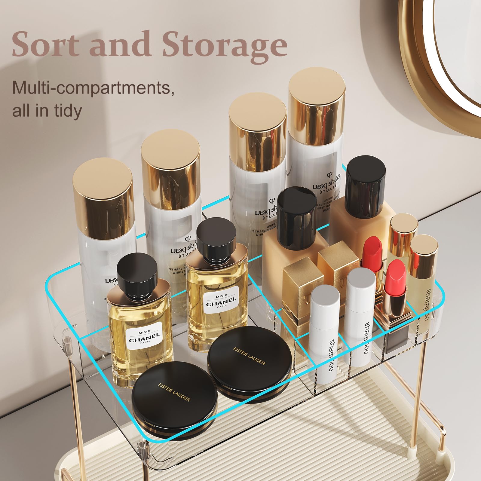 Delamu Bathroom Counter Organizer, 2 Tier Large Drawer Skincare Organizer With Compartment, Multi-Purpose Makeup Organizer Count