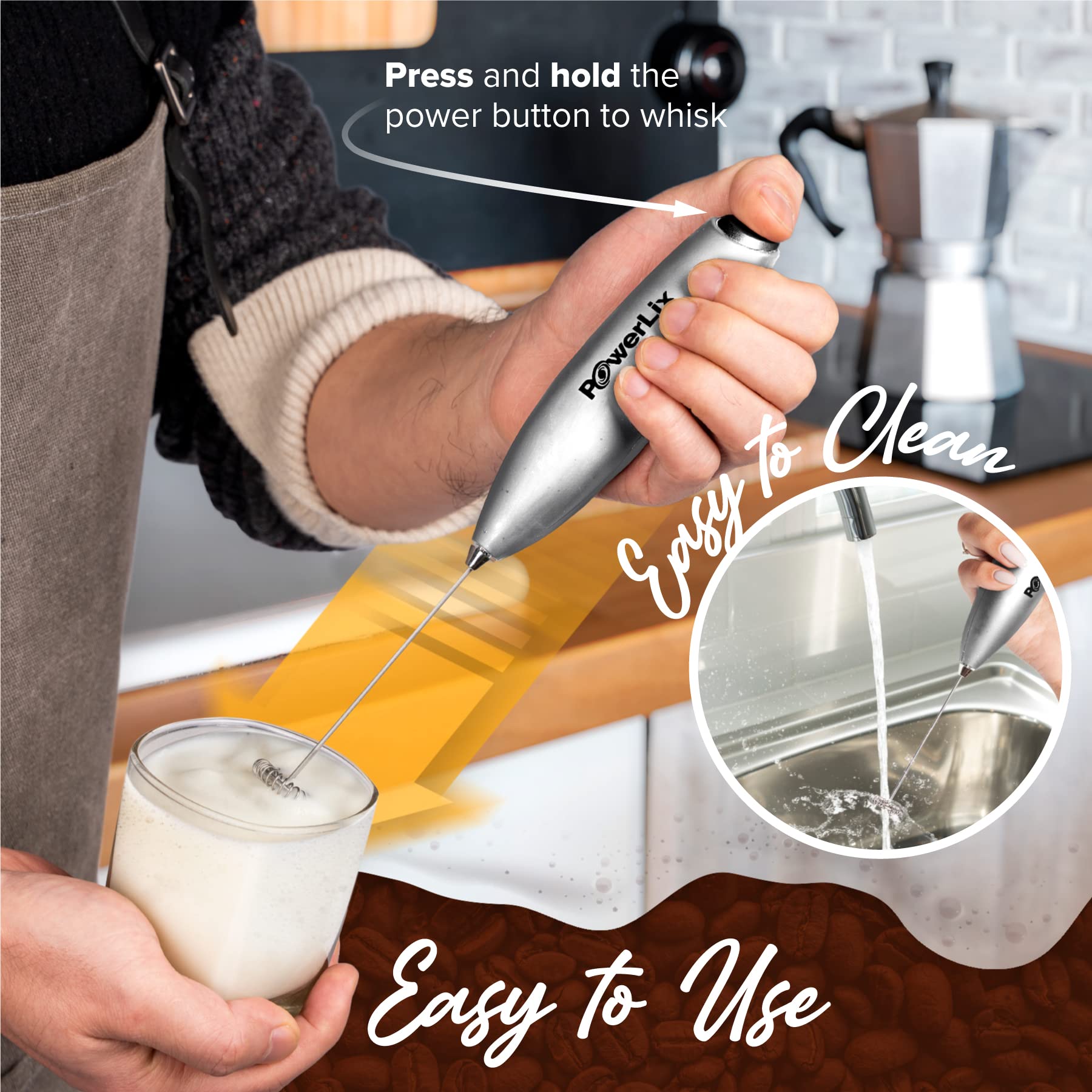 PowerLix Milk Frother Handheld Battery Operated Electric Whisk Beater Matcha Whisk Foam Maker For coffee  Latte  cappuccino  Hot chocolate  Durable Mini Drink Mixer Without Stand Silver