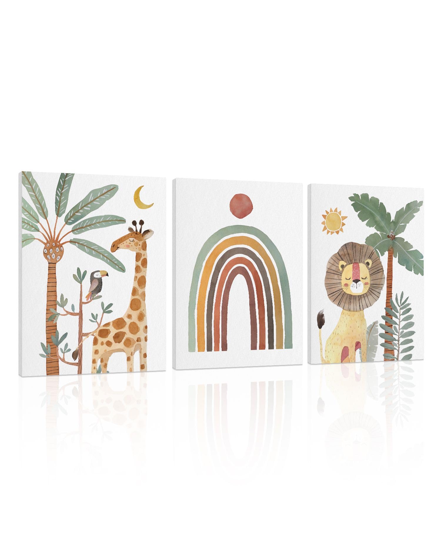 Boho Animal Nursery Wall Art: Safari Animal Prints For Kids' Room, Baby Nursery Decor For Boy Girl, 3 Pieces Giraffe Lion Parrot