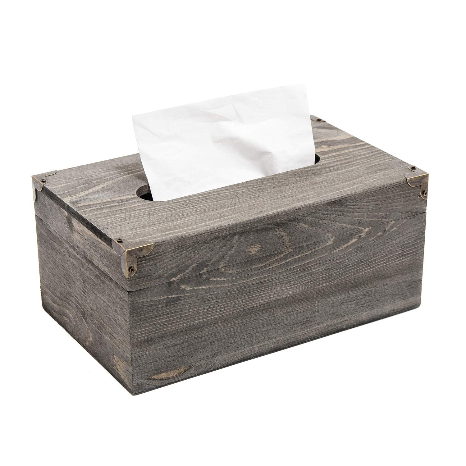 Liry Products Rustic Gray Distressed Wood Facial Tissue Paper Box Metal Corner Brackets Hinge Lid Top Cover Torched Wooden Holde