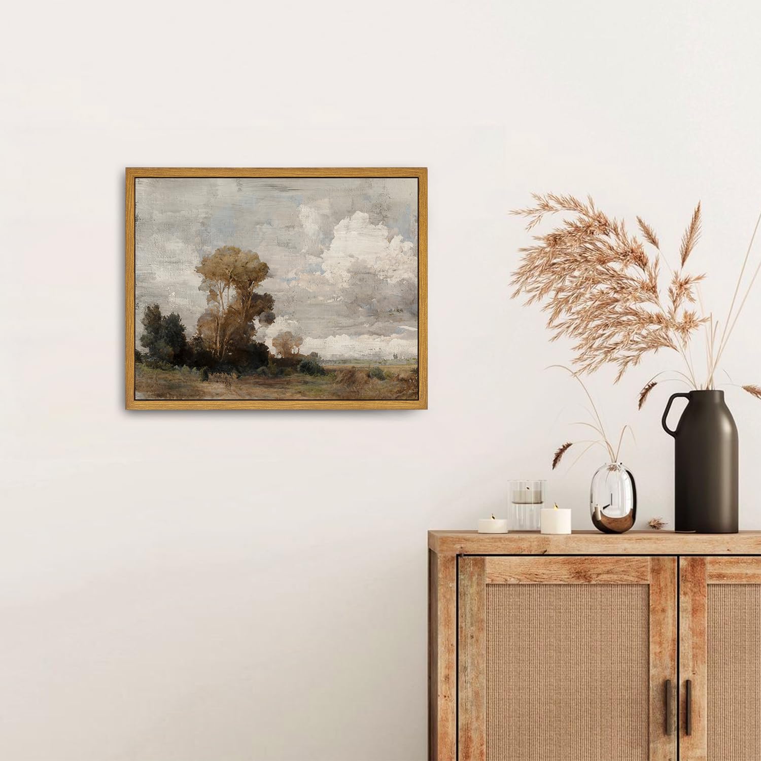 Roslynity Framed Canvas Wall Art Vintage Print Oil Paintings Rustic Country Landscape Nature Neutral Warm Retro Aesthetic Artwor