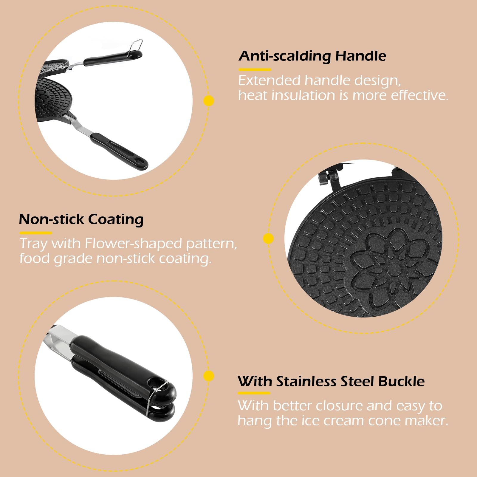Dyna-Living Waffle Cone Maker Non-Stick Ice Cream Cone Maker 6.7 Inches Ice Cream Cone Waffle Maker Household Egg Roll Maker Waf