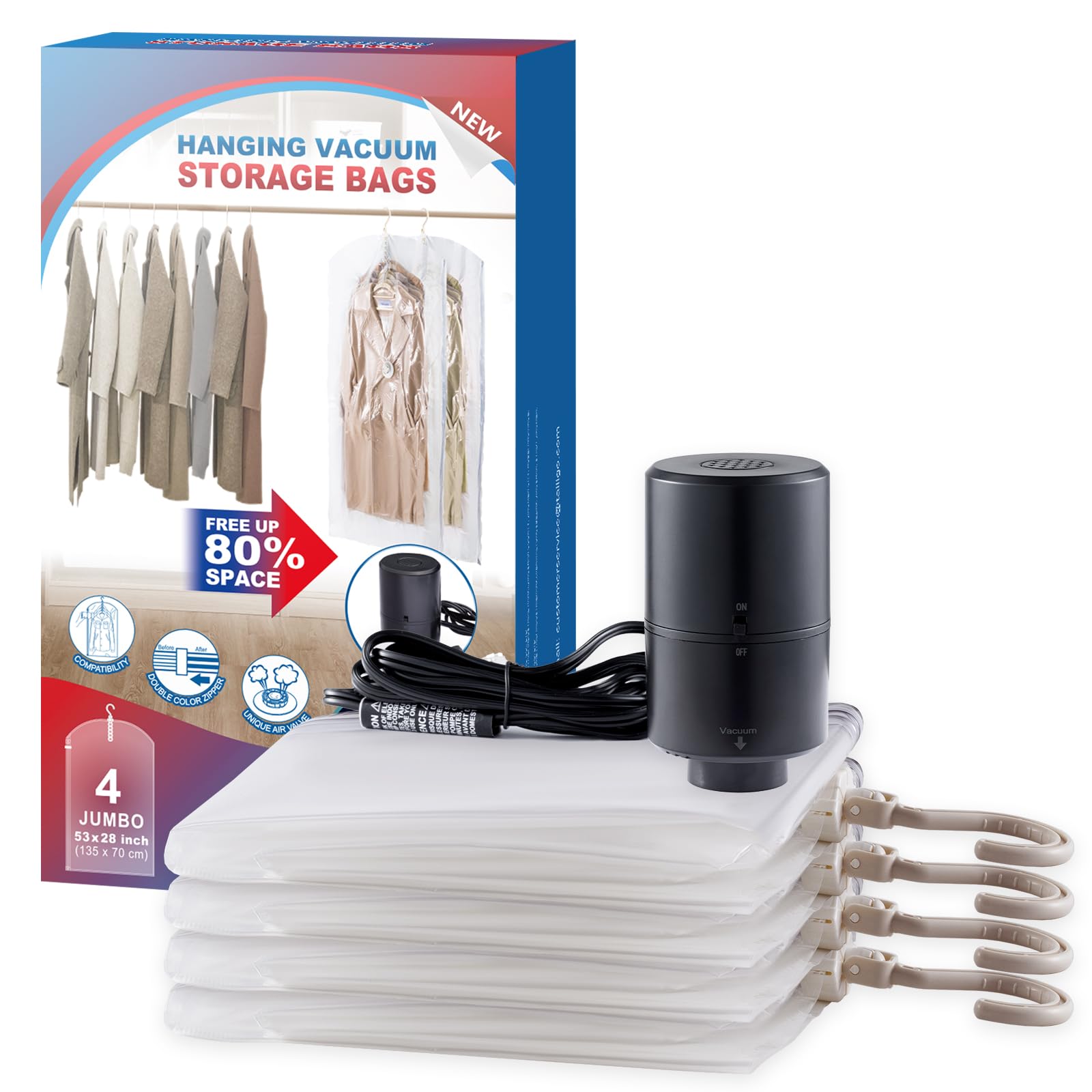 Hanging Vacuum Storage Bags, 4 Pack Hanging Storage Bags For Clothes With Electric Pump, Vacuum Sealed For Suits, Dress, Jackets