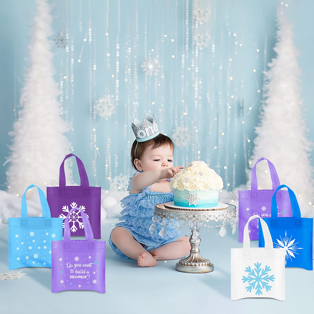 20Pcs Snowflake Party Favors Bag  Winter Frozen Non-Woven Candy Treat Bags  Winter Theme Goodie Gifts Tote Bags for Kids Snowflake Holiday Party Winter Wonderland Birthday Baby Shower Party Supplies