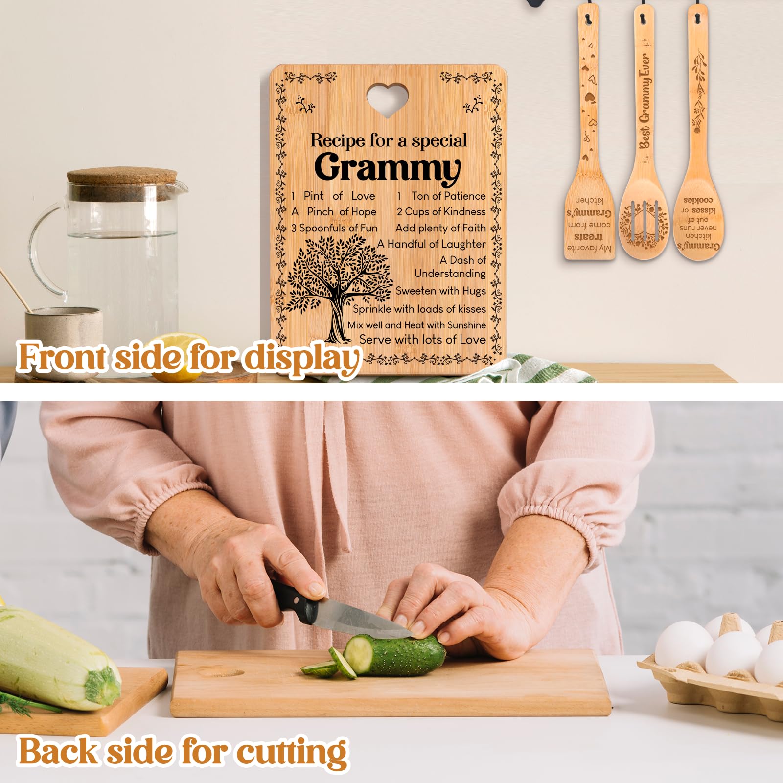 Grammy Gifts -  Recipe for a Special Grammy  Gifts for Grammy Cutting Board Set, Bamboo-Made Engraved Utensil Set Grammy Cutting