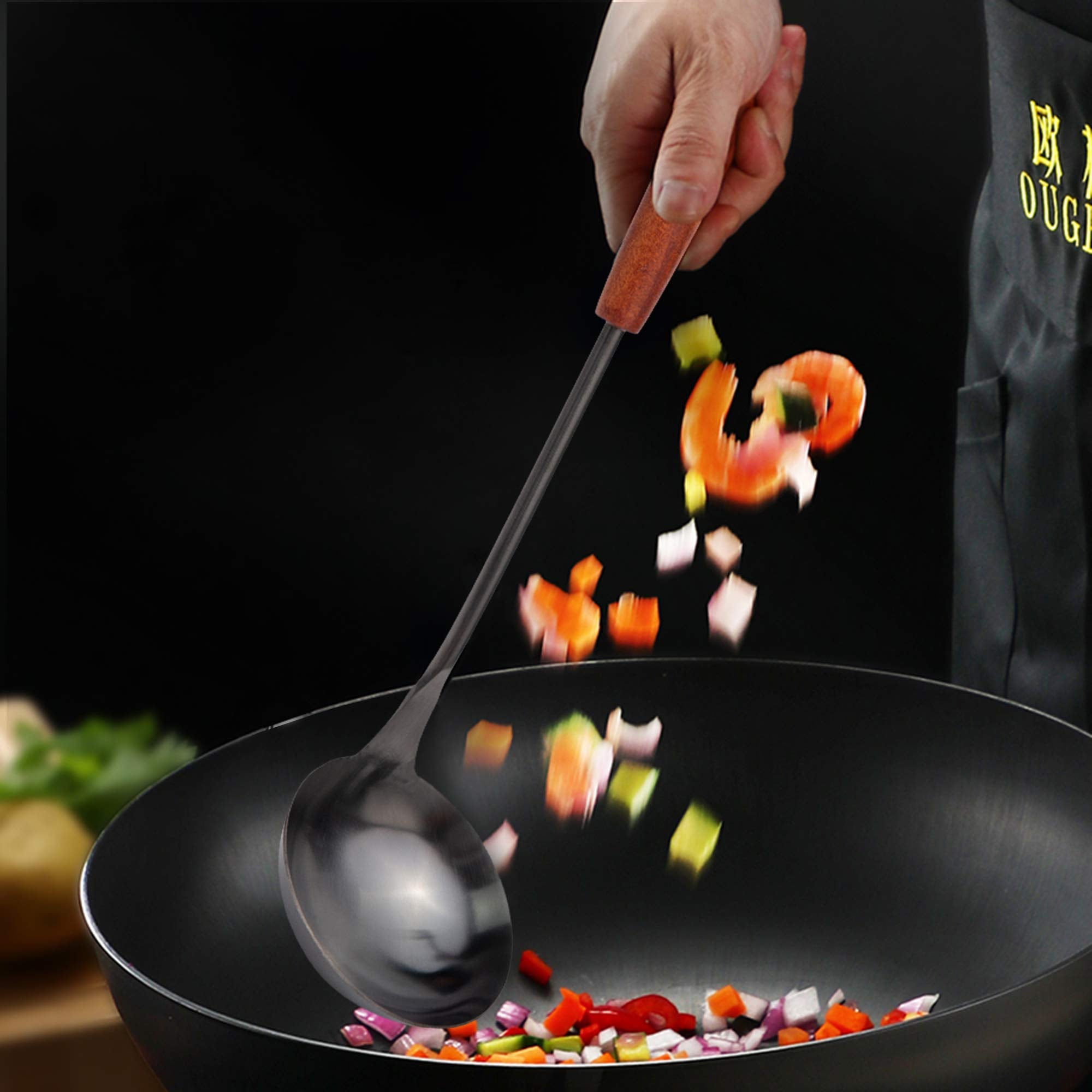 Soup Ladle 14.2 Inches Wok Utensils Stainless Steel Soup Ladle Rust Proof Soup Ladle With Ergonomic Wooden Handle Soup Serving S