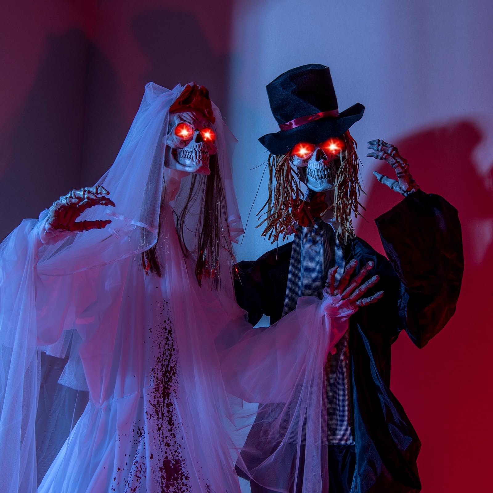 Tangkula Halloween Animatronic Skeleton Bride& Groom Set, 7.2 FT Haunted House Decoration w/Sound-Activated Light-up Eyes, Sound