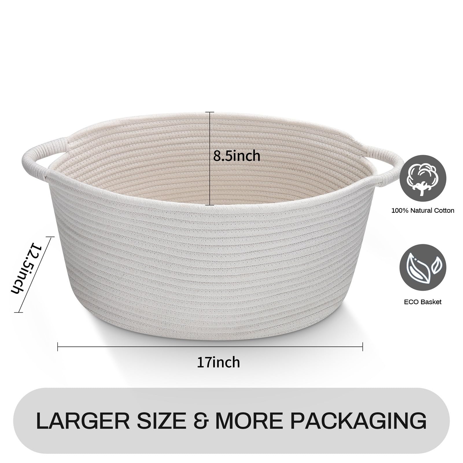 Hifeasts Cotton Rope Storage Basket With Handles, Medium Basket, 17 ''L X 12.5'' W X 8.5 ''H, Home Decor Basket, Towel Basket, B
