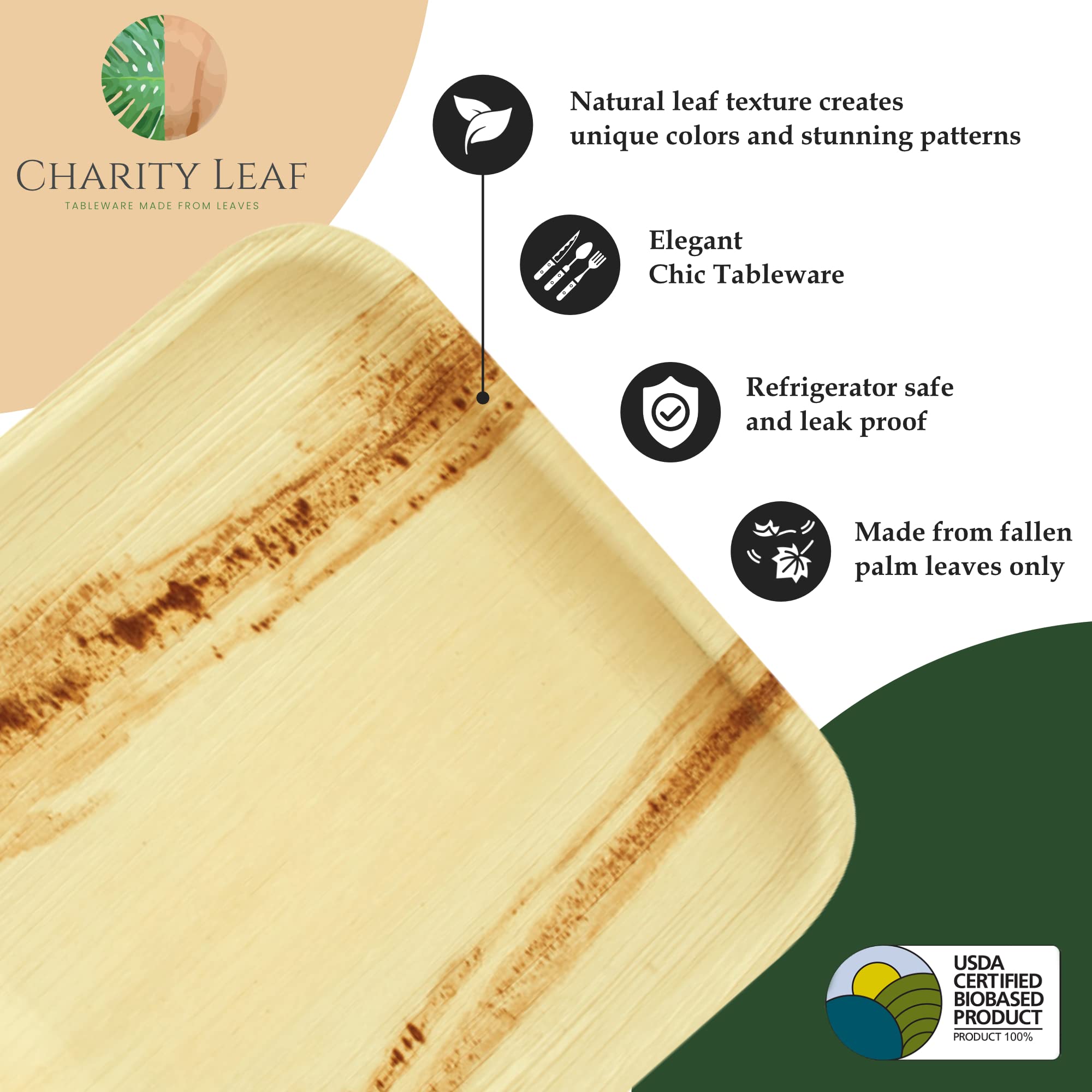Charity Leaf Disposable Palm Leaf 14'' x 10'' Trays (100 Pieces) Bamboo Like Serving Platters  Disposable Boards  Eco-Friendly Dinnerware for Weddings  Catering  Events