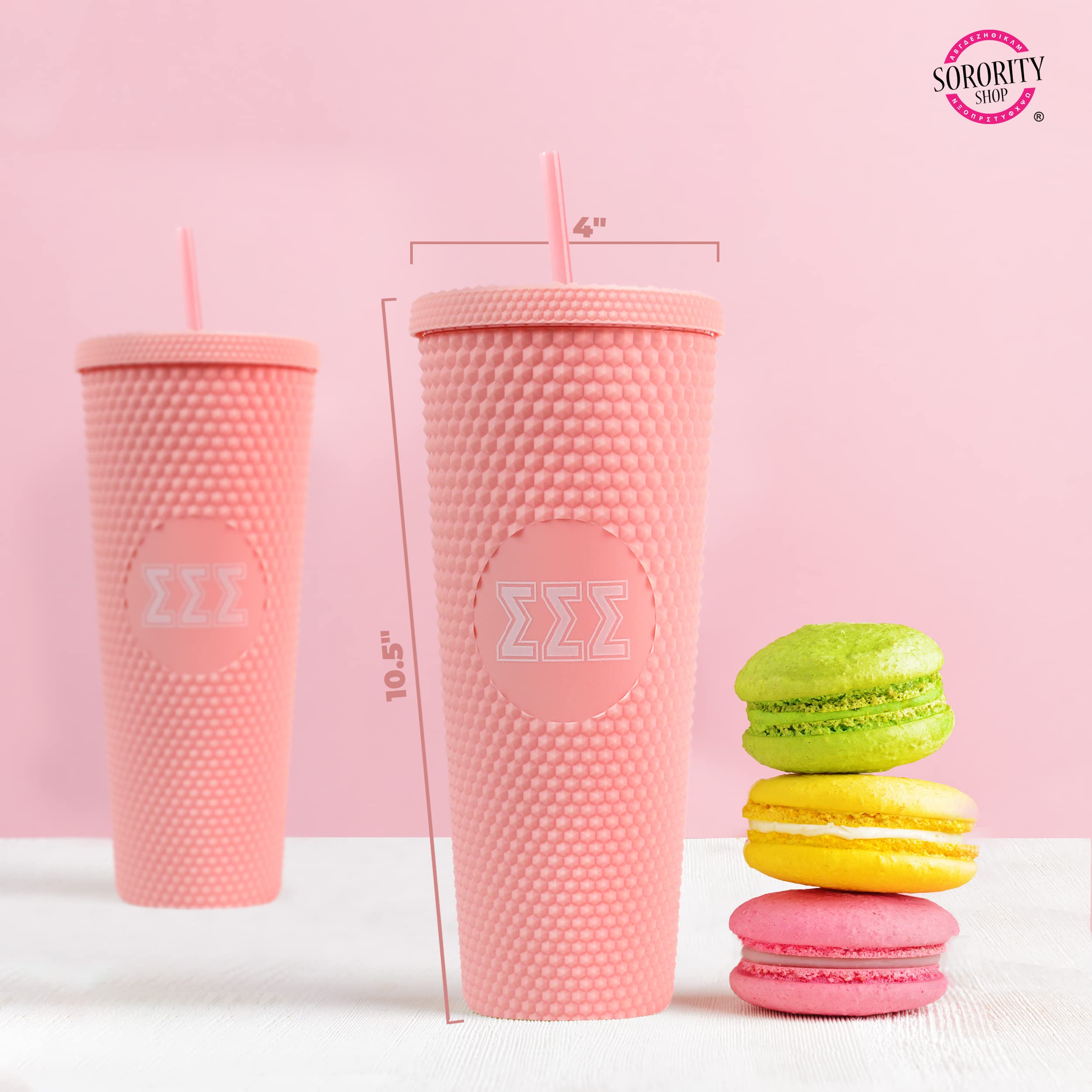 Sorority Shop Theta Phi Alpha Studded Tumbler With Straw - 24 Oz Tumbler With Lid And Straw, Matte Coral, Reusable Plastic Cup W