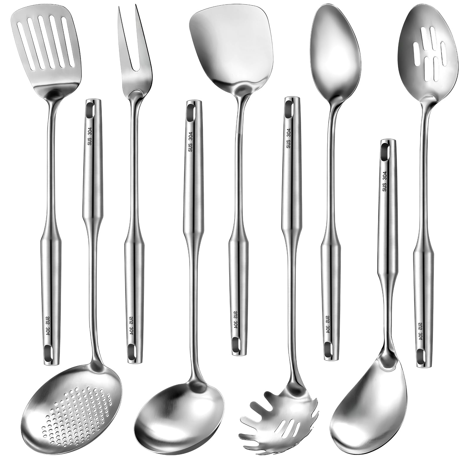 Teenyyou 9 Pcs 304 Stainless Steel Utensils Set with Wood Handle Metal Cooking Tool Spatula, Solid Spoon, Slotted Spoon, Fork, L