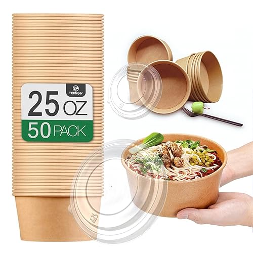 TOPtoper 50 Pack 25 Oz Large Paper Bowls with Lids  Disposable Soup Serving Bowls Bulk Party Supplies for Hot/Cold Food  Soup (25 OZ)