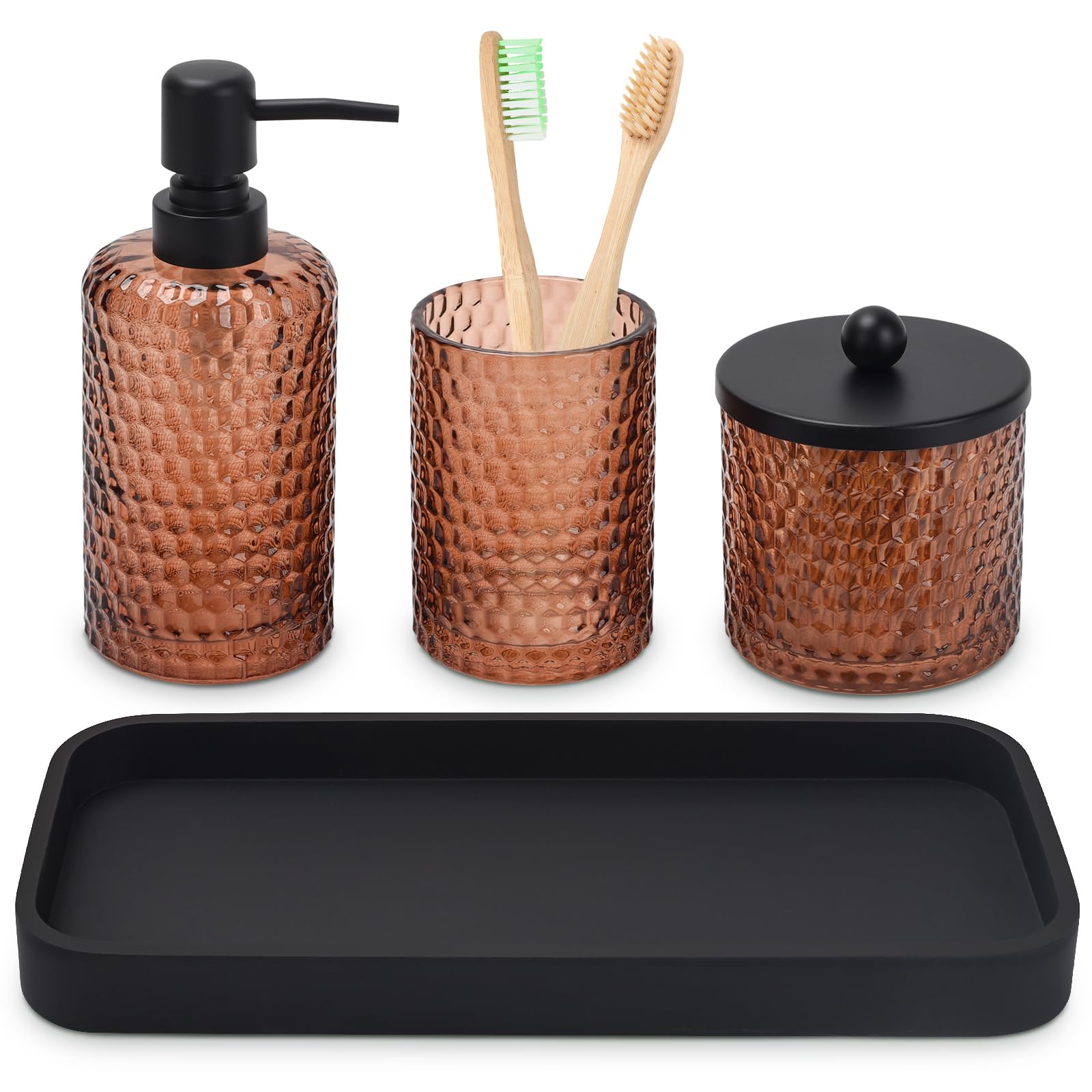 Bathroom Accessories Set,4 Pcs Amber Glass Bathroom Accessories Sets-Lotion Soap Dispenser,Toothbrush Holder,Qtip Holder Dispens