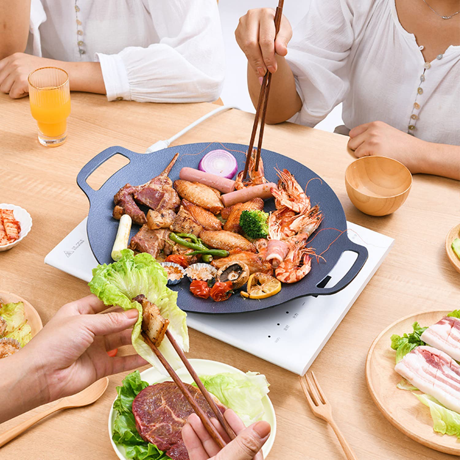 Ifashihome Korean Style Bbq Grill Pan,13'' Non-Stick Smokeless Circular Grill Pan,Medical Stone Coated Barbecue Stovetops Frying