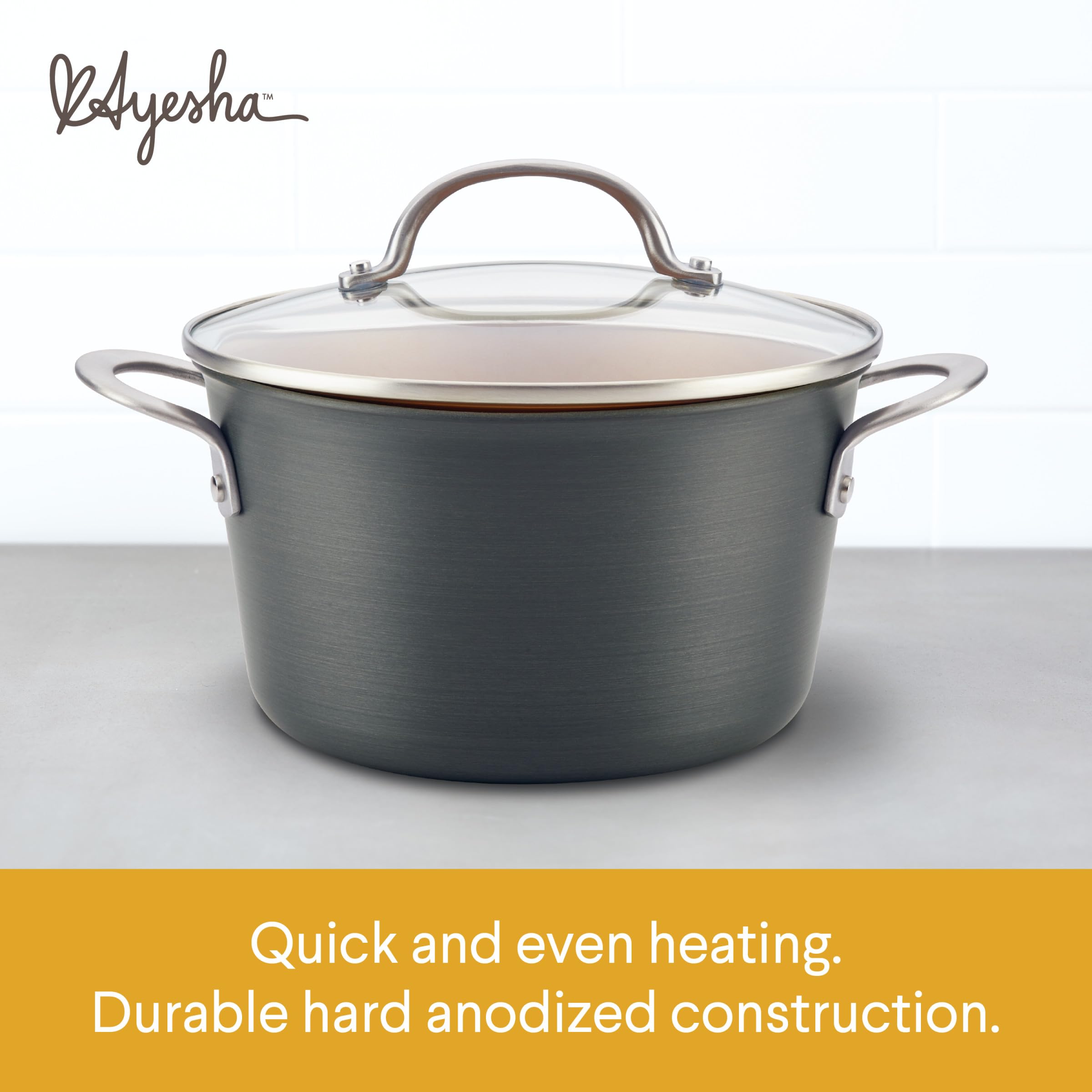 Ayesha Curry Home Collection Hard Anodized Nonstick Sauce Pan/Saucepan With Lid, 4.5 Quart, Charcoal Gray