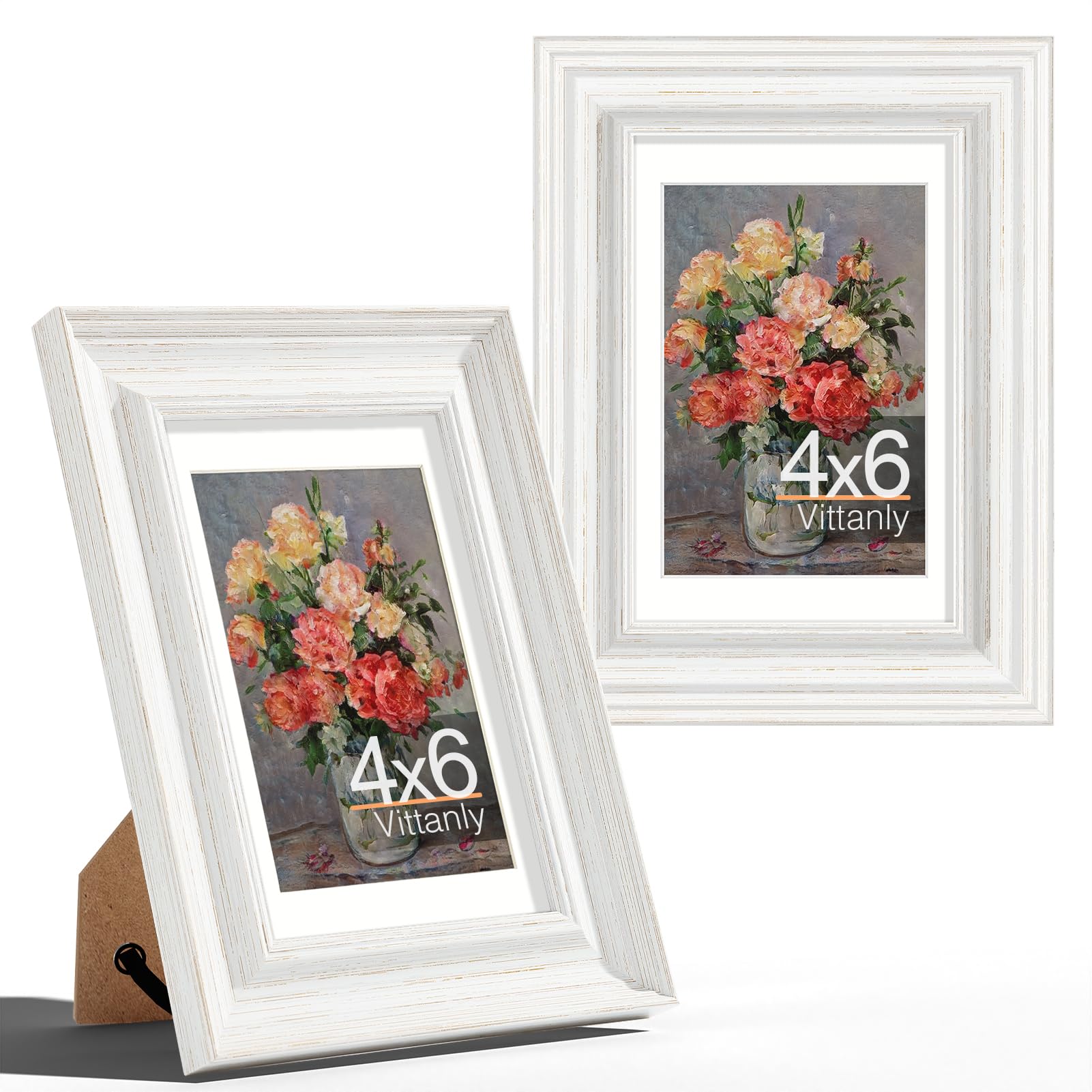 Vittanly 4x6 Picture Frames Set of 2, Display 3.5x5 Pictures with Mat or 4x6 without Mat, Rustic Collage Photo Frames for Wall o