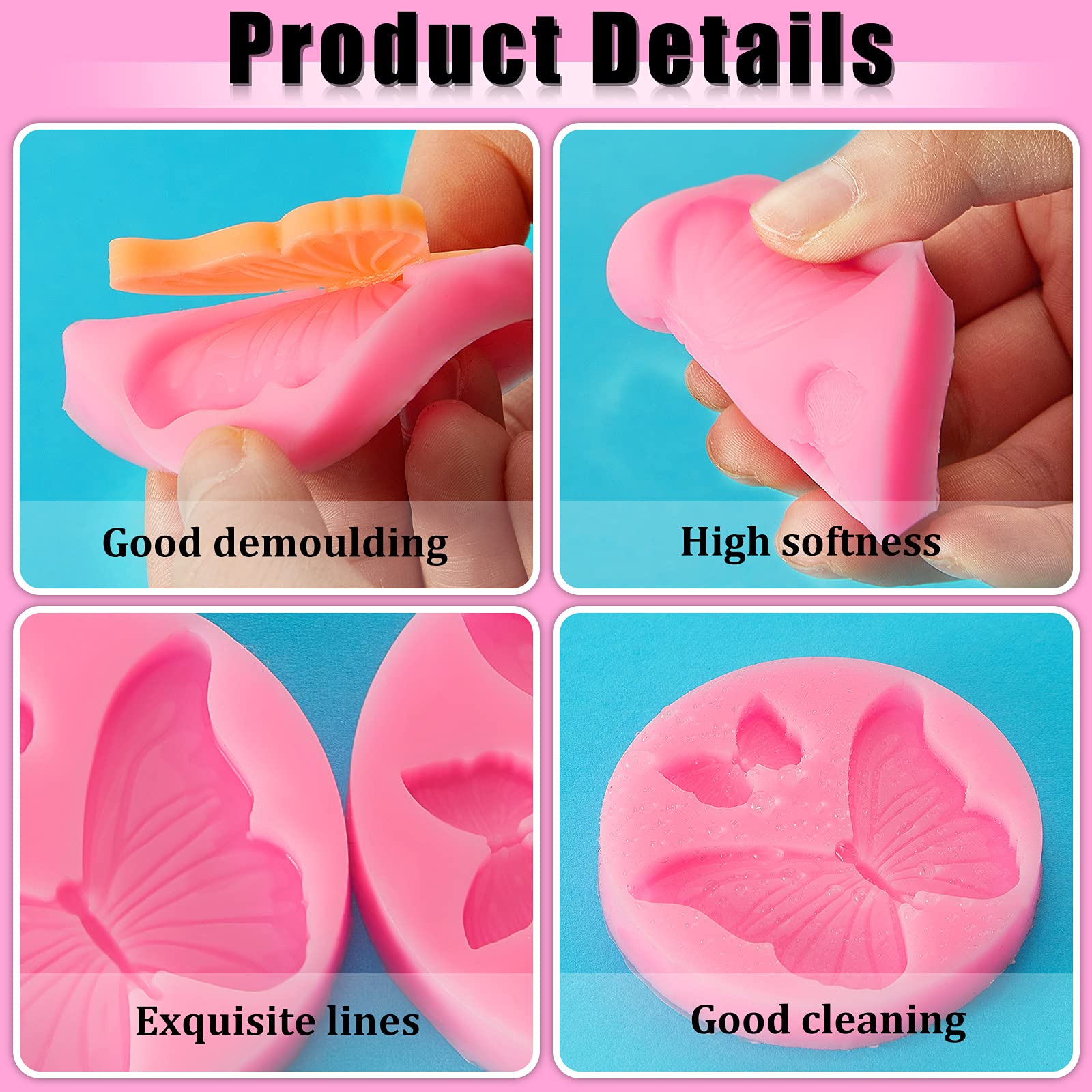 5 Pieces Butterfly Silicone Molds Mini Butterfly Fondant Cake Baking Mold Silicone Butterfly Chocolate Mold Pink Polymer Clay Mo