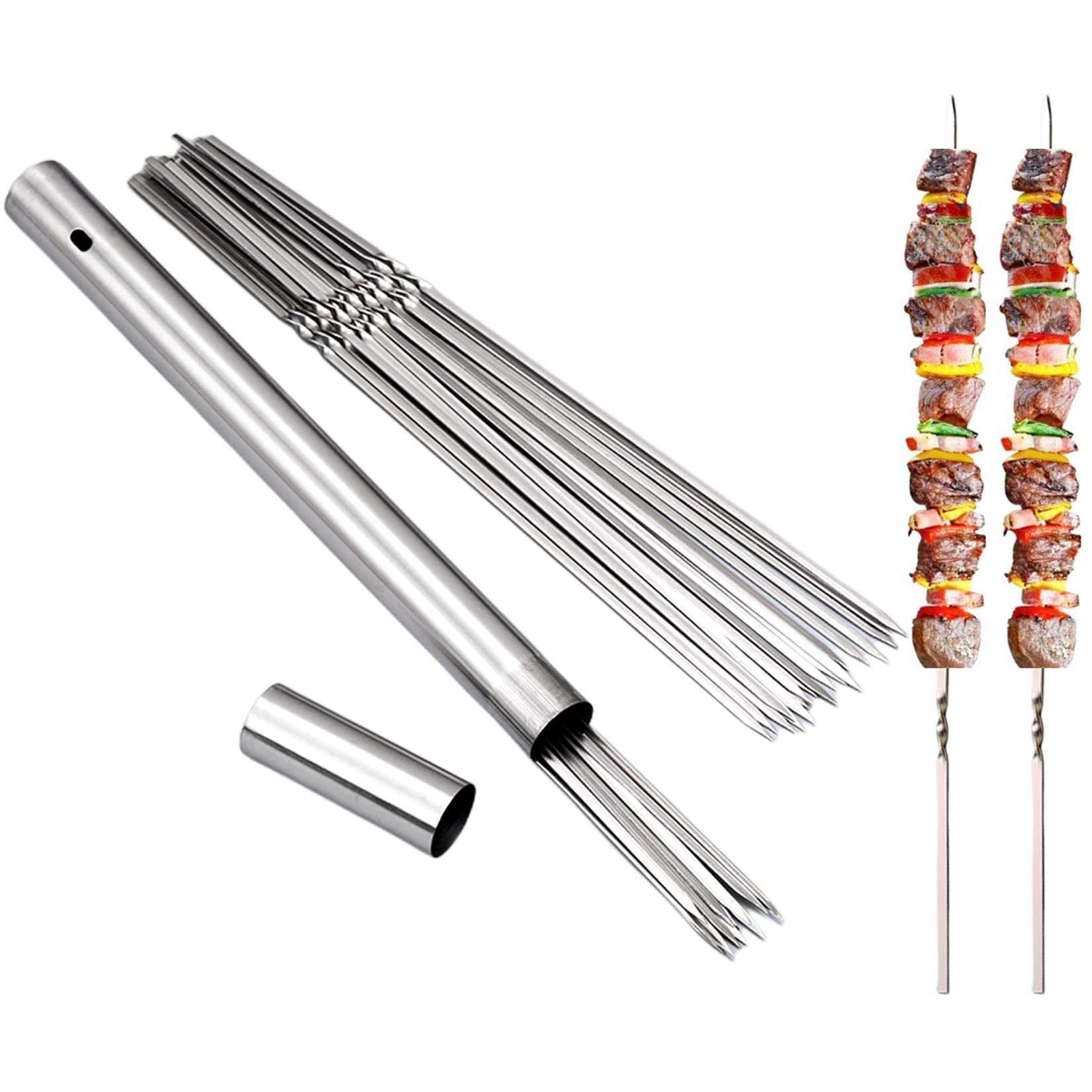WILLBBQ 304 Stainless Steel 14.8 Long Flat Barbecue Skewers,20PCS/40PCS BBQ Kebab Skewers with Portable Metal Storage Tube,Reusa