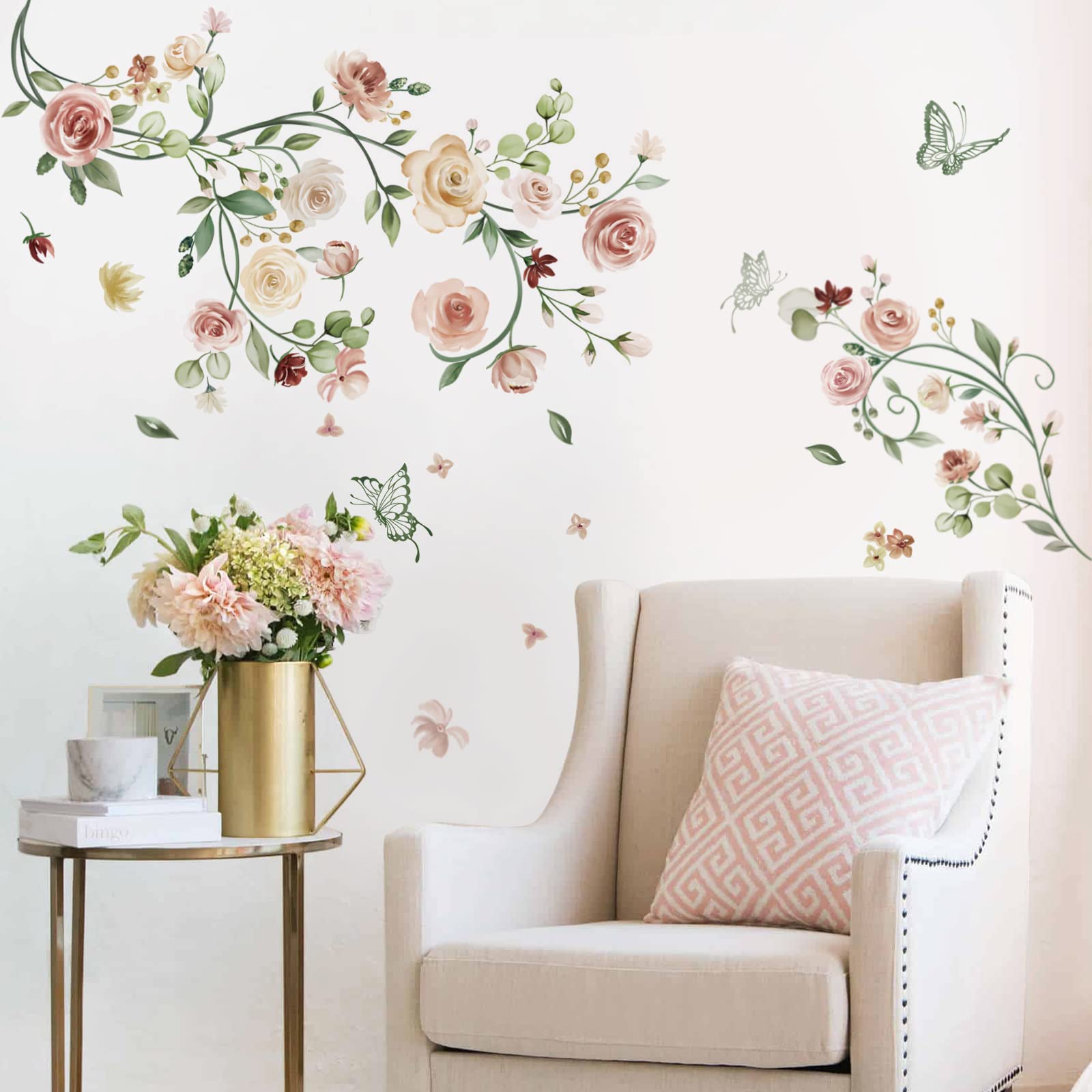 Wondever Rose Vine Flower Wall Stickers Watercolor Garden Floral Peel And Stick Wall Art Decals For Bedroom Living Room Tv Wall