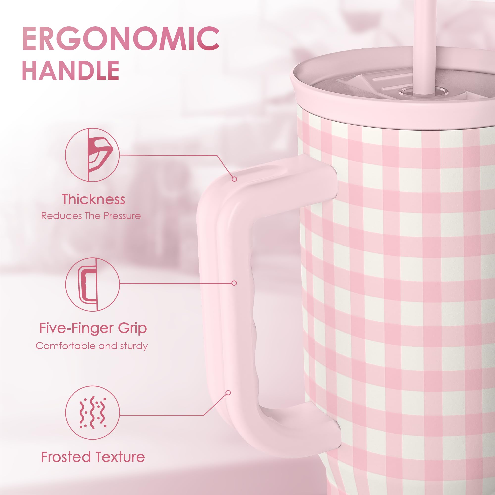 Pink Gingham 40oz Slider Tumbler with Handle and Straw - Insulated Stainless Steel Travel Coffee Mug for Women Girls, Gift for B