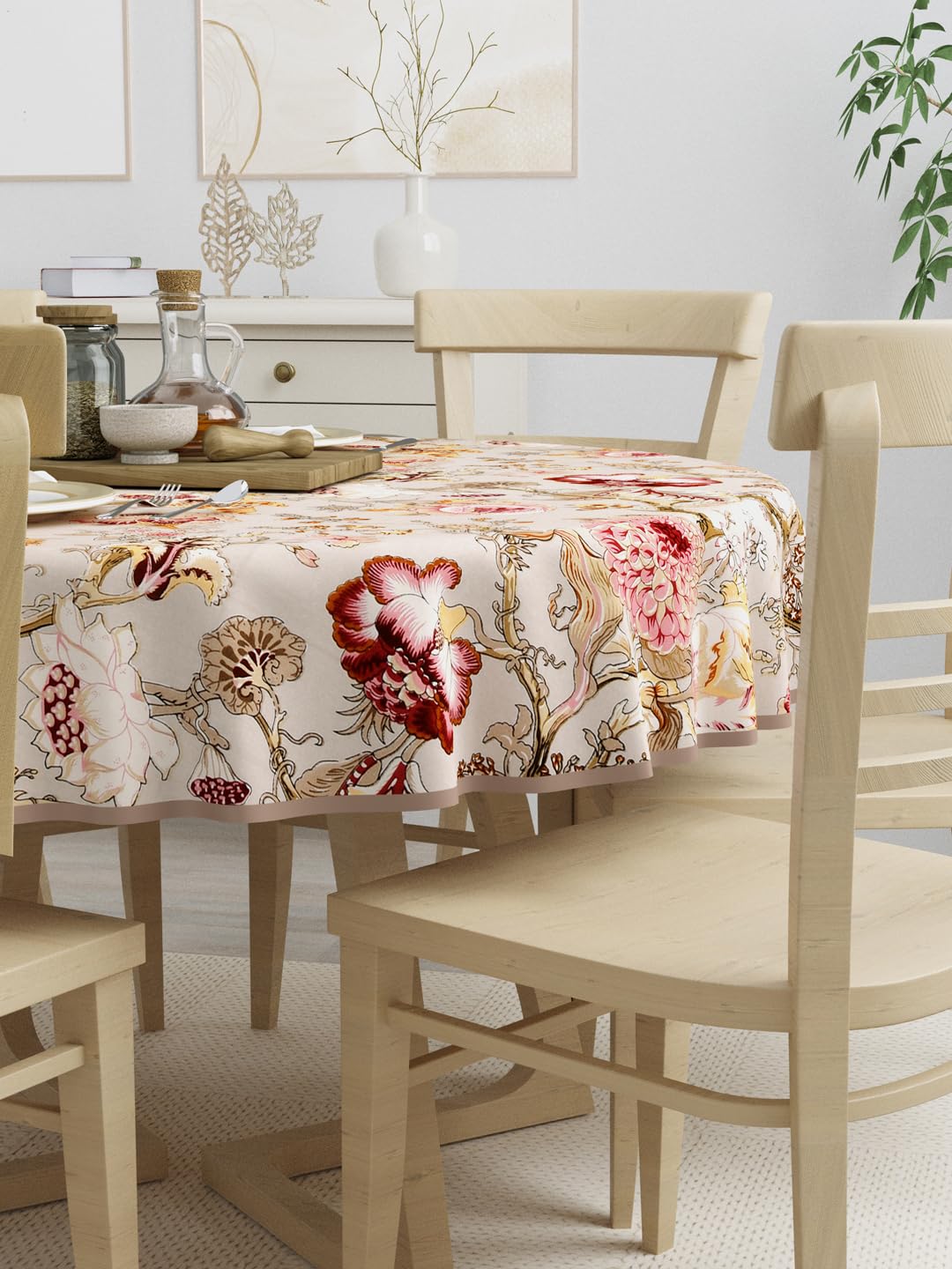 Clasiko 100% Cotton 6 Seater Round Table Cover; 72x72 Inches; Multicolor Flowers On Beige