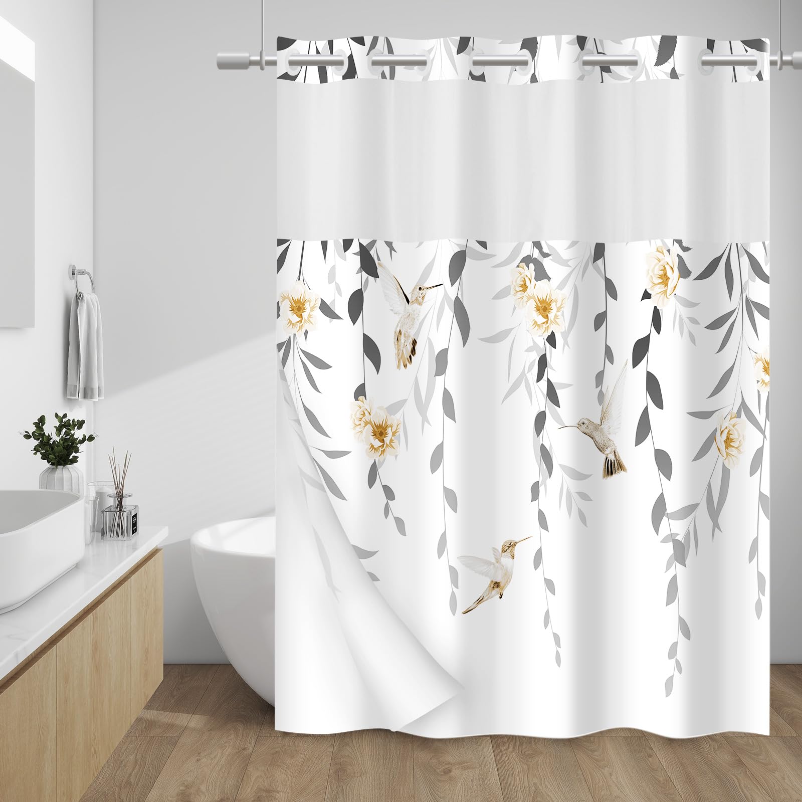 Withloc No Hook Shower Curtain With Snap In Liner - Fabric Waterproof Inner Liner, Plants Yellow Floral Grey Nature Birds Cloth