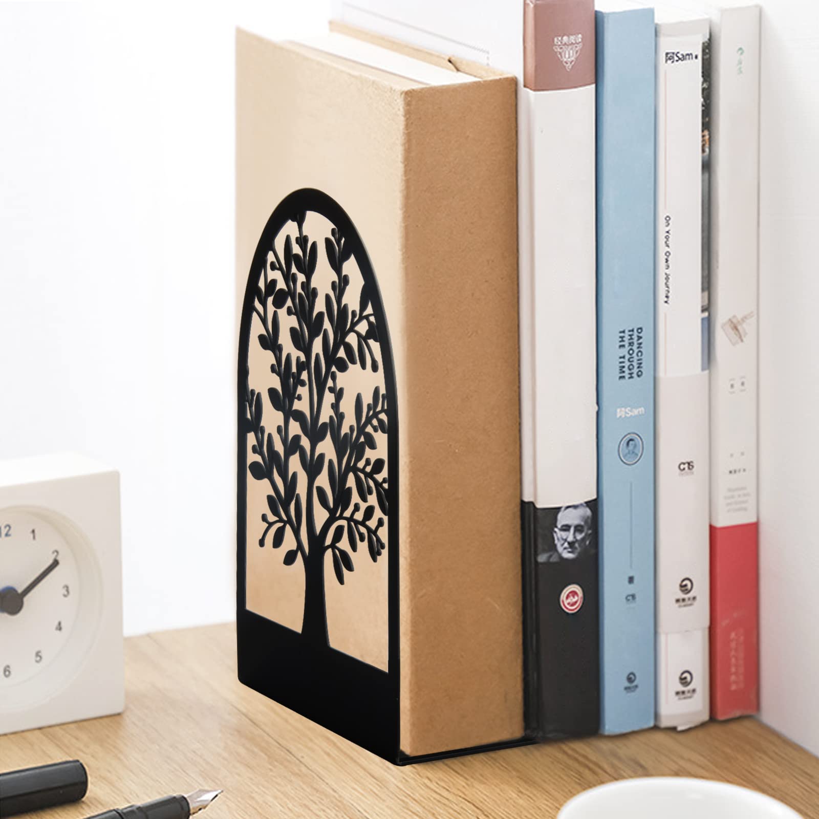 Umikk Metal Bookends - Tree of Life Design, Black Non-Skid, 7 x 5.5 x 3.5 inch, Decorative Bookends for Heavy Books (1 Pair)