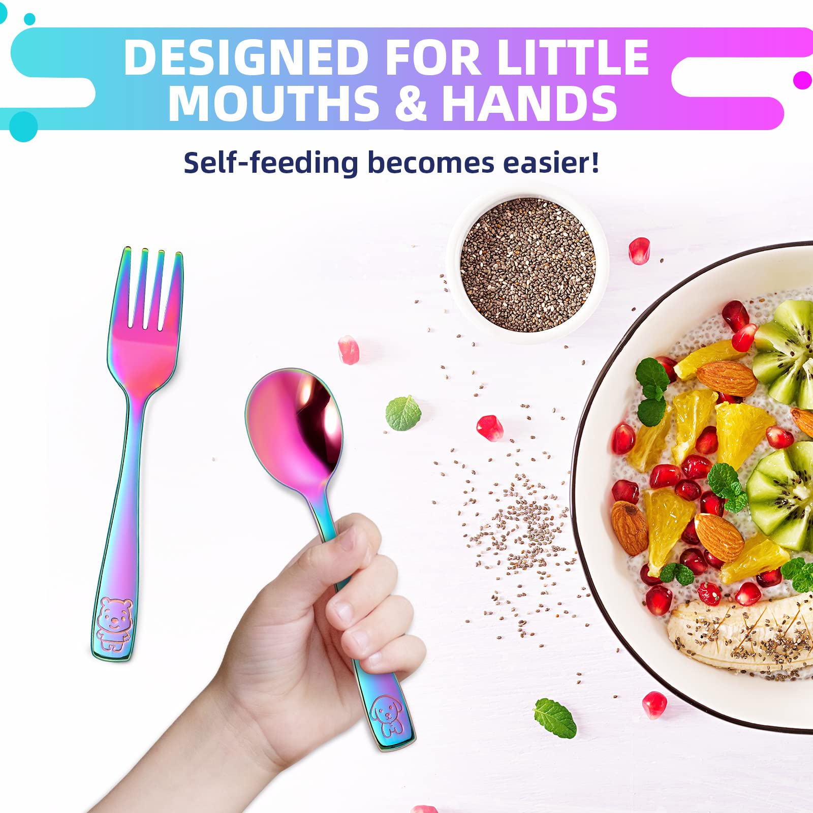 VITEVER 10 Pack Toddler Utensils, Stainless Steel Rainbow Silverware Set for Kids, Children Safe Cutlery Set Includes Forks and