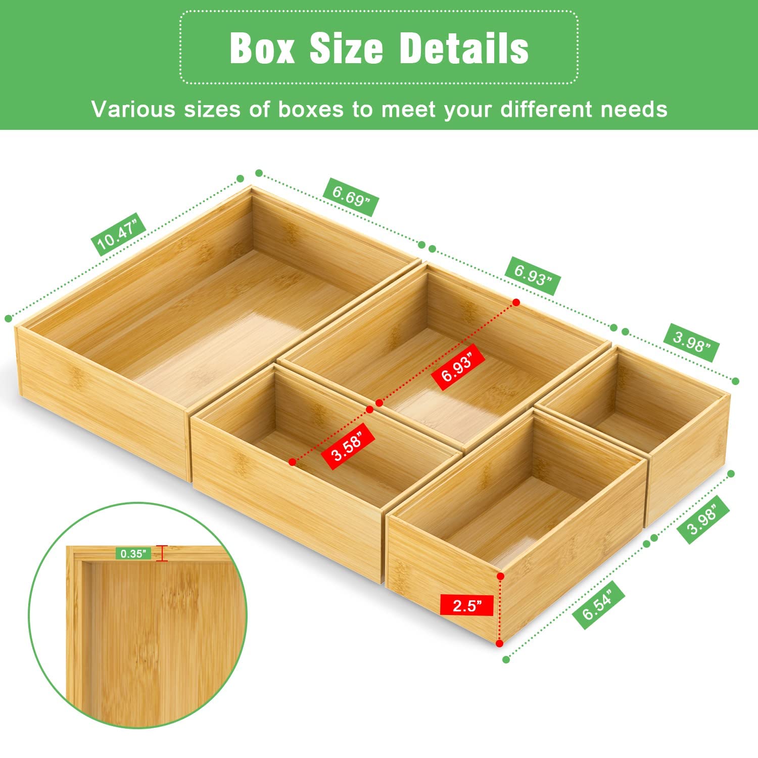 Bamboo Bathroom Drawer Organizer Dividers, Wooden Kitchen Utensil Holder Set of 5, Stackable Junk Drawer Organizer Tray, Multi-U