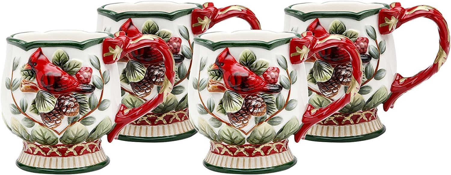 Fine Ceramic Red Cardinal With Pine Cone Mug Set Of 4 (4 Pcs Set), 4 7/8'' L
