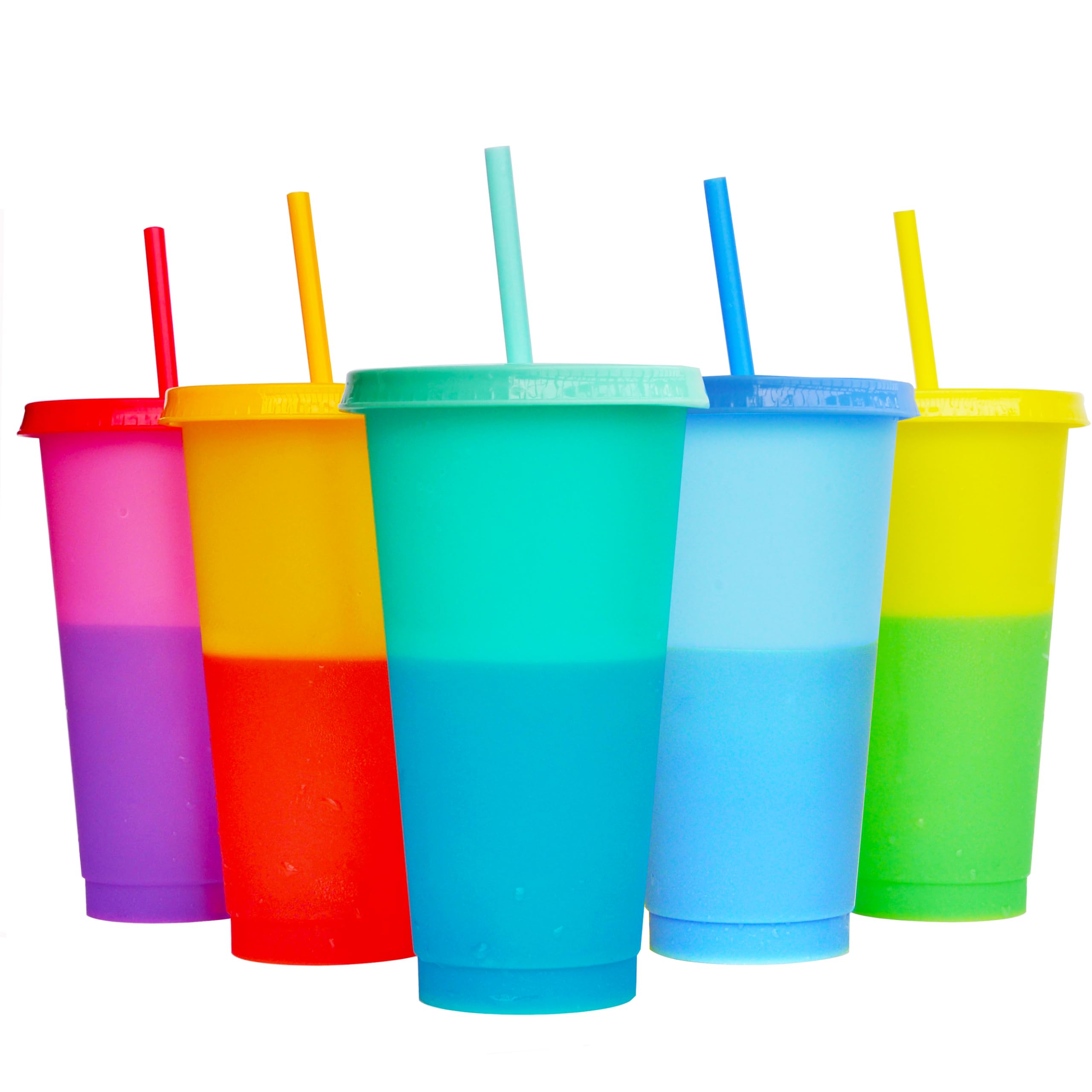 Alohastarttg Color Changing Cups, 5 Pack 24oz Plastic Tumblers, Reusable Iced Coffee & Smoothie Cups with Lids and Straws for Pa
