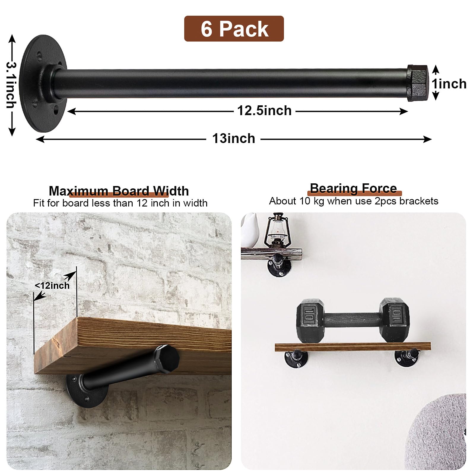 Pintuson 6 Pcs Industrial Pipe Clothes Bar 12 Inch - Wall Mount Clothing Rack - Face Out Wall Clothing Rods For Commercial Retai