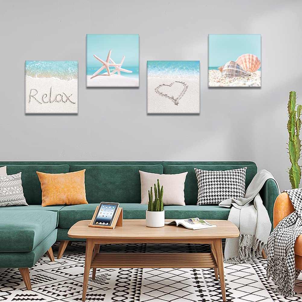 Otostar 4 Pieces Wall Art Canvas Prints - Seashell Starfish And Beach Picture Painting - Modern Wall Artwork Framed For Gifts Ba